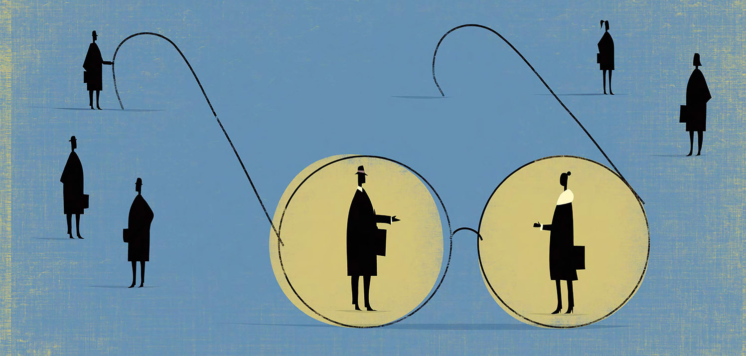 Illustration of yellow glasses with two figures about to shake hands