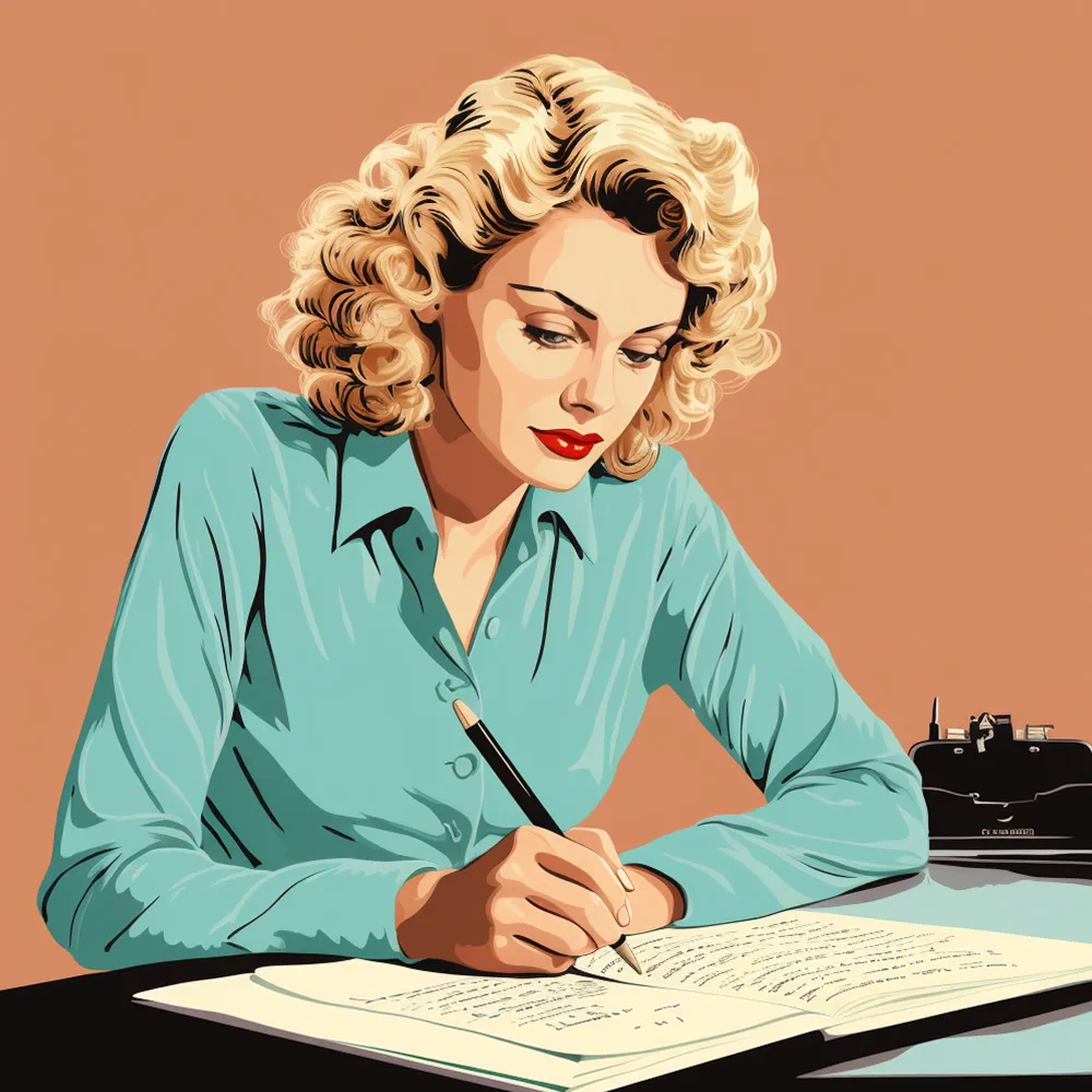 Illustration of woman with blonde hair writing on paper