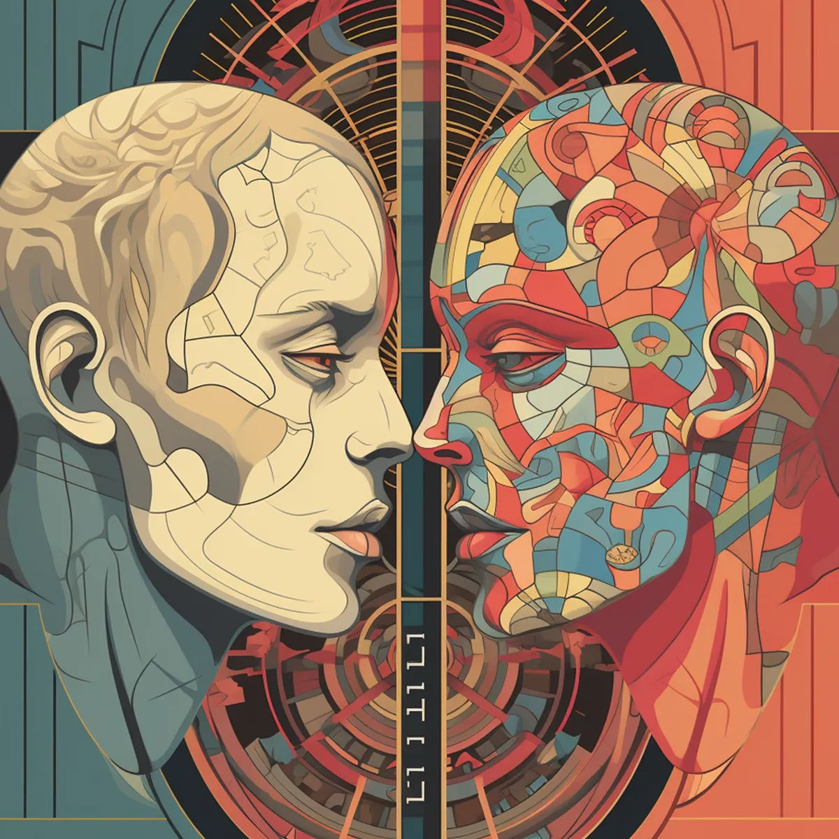 Illustration of two faces looking at eachother stylized in futurist style