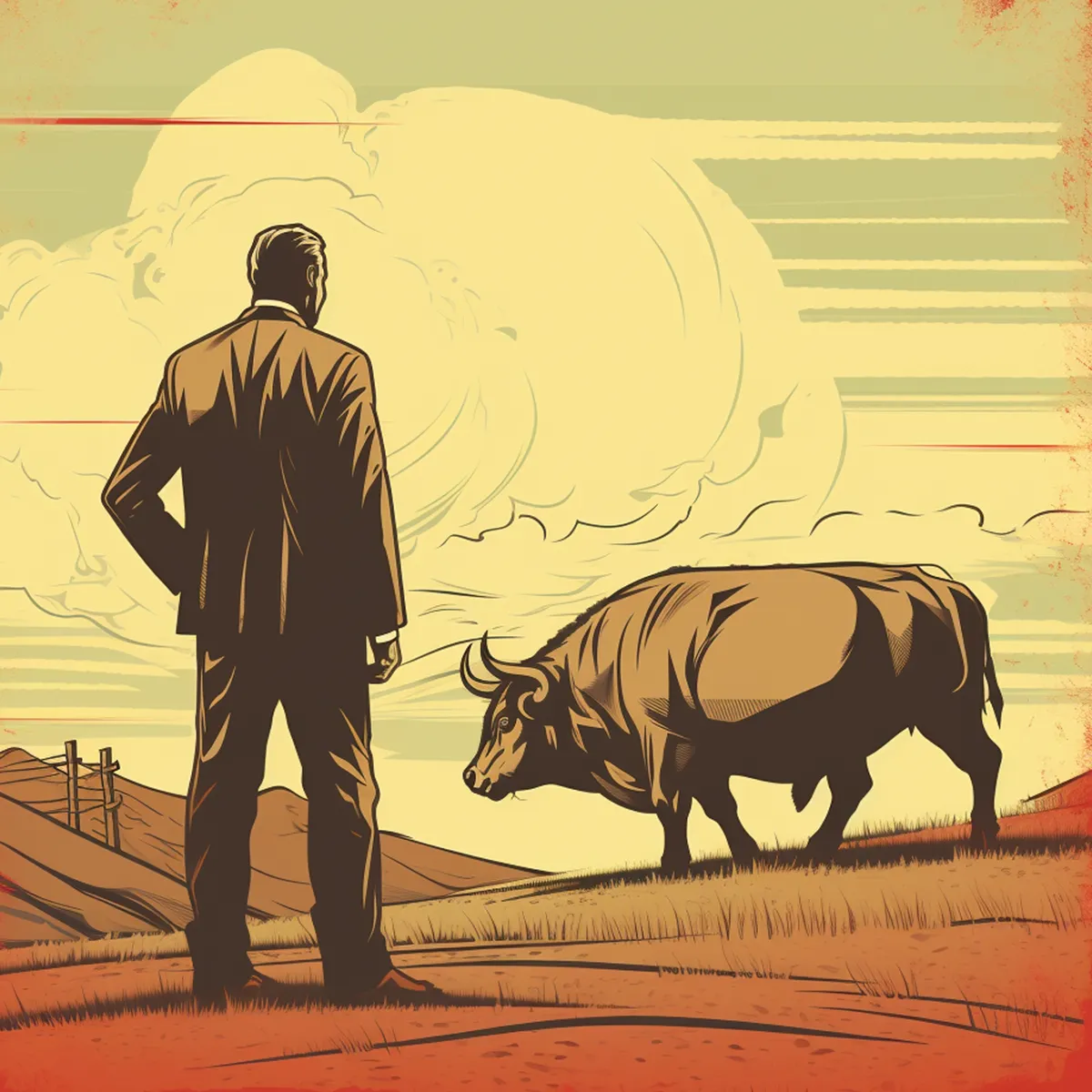 Illustration of business man and bull out to pasture