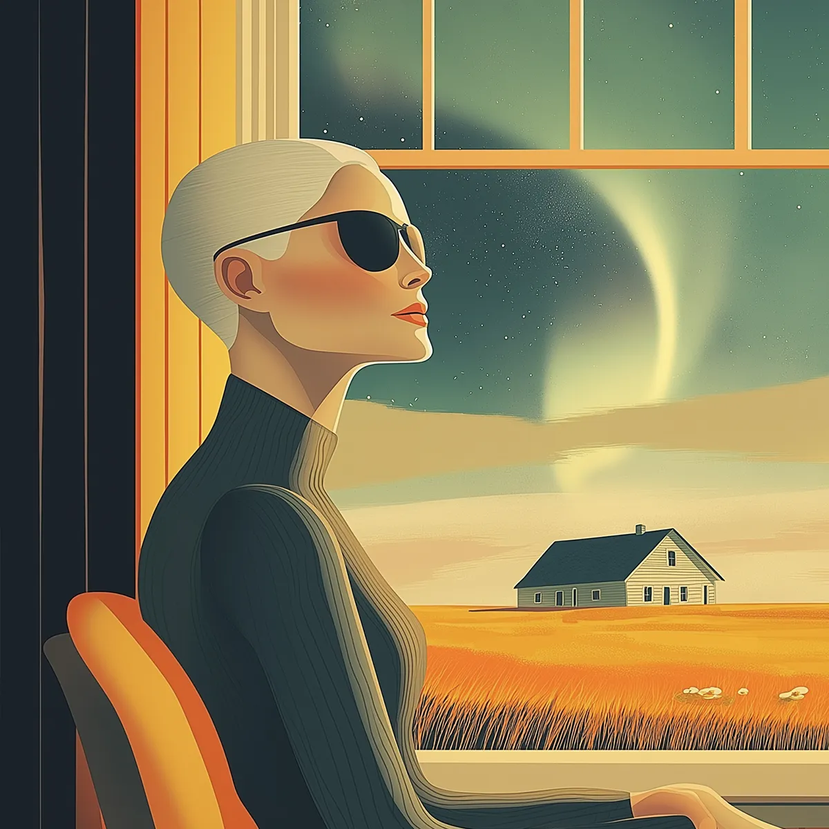 Stylized illustration of a person with short hair and sunglasses sitting indoors, looking out a window at a house in a golden field under a starry sky.