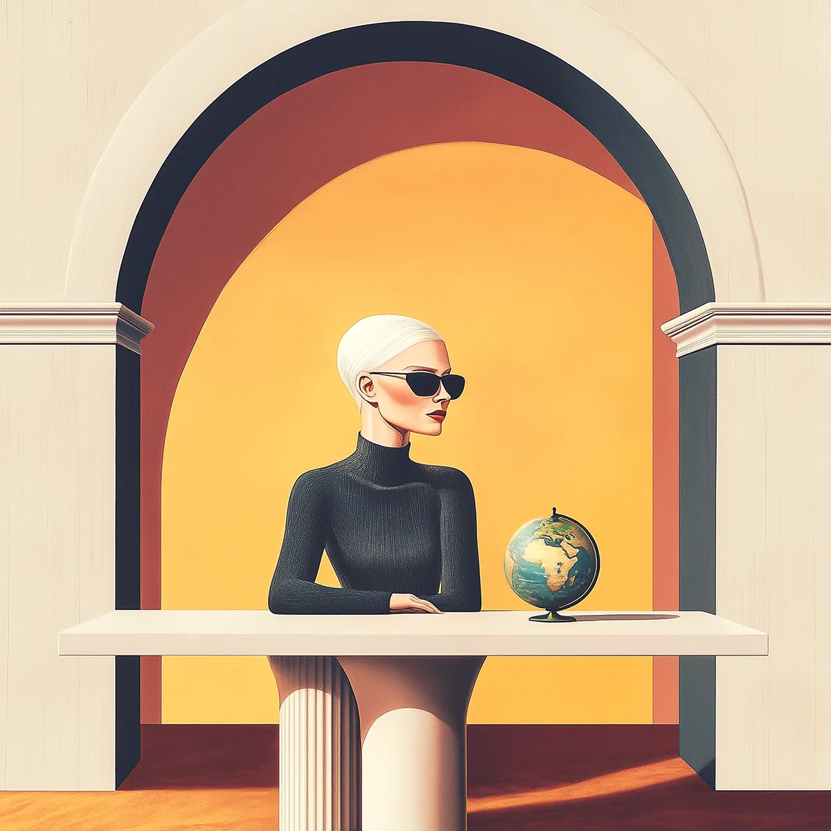 Stylized illustration of a person with short hair and sunglasses sitting indoors, looking out a window at a house in a golden field under a starry sky.