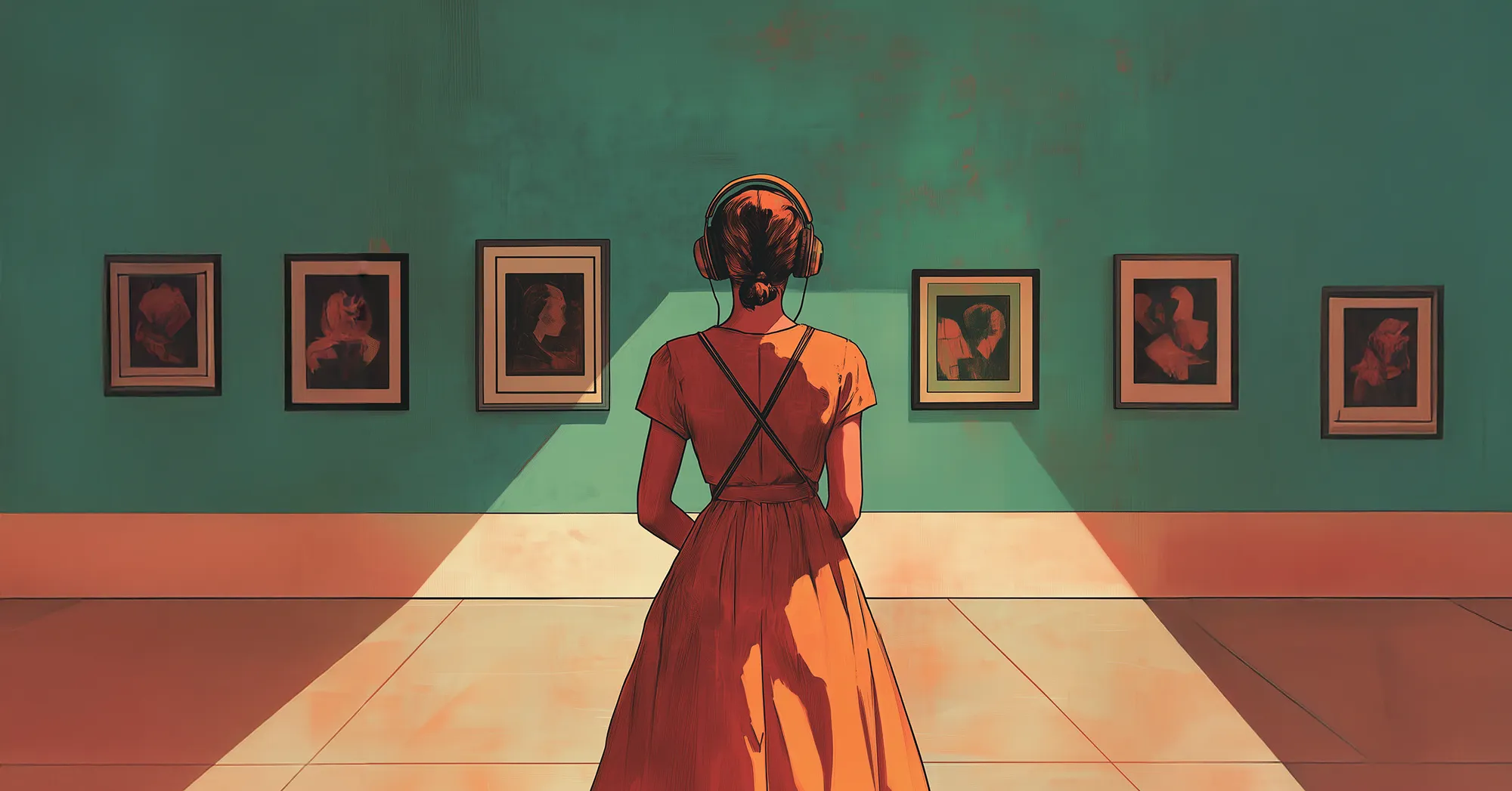 A woman in an orange dress stands in a dimly lit art gallery, facing a teal-colored wall with framed artwork. She wears headphones and appears to be intently observing the artwork, which consists of portraits and abstract figures. Warm light casts shadows across the floor, creating a serene and contemplative atmosphere.