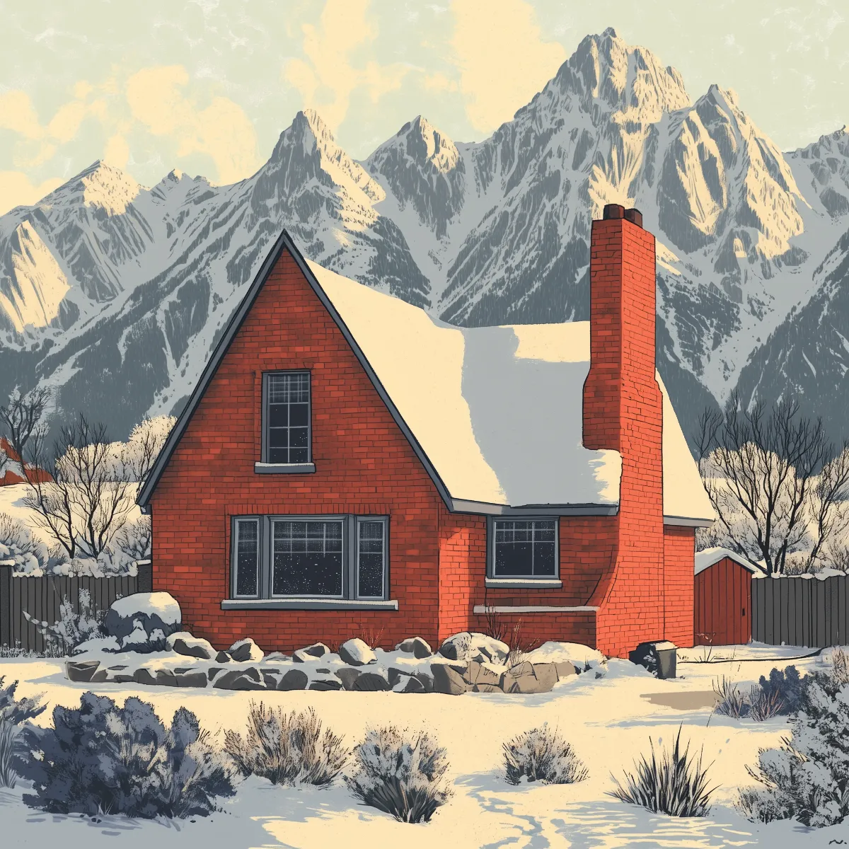 A retro illustration of a cozy red-brick house covered in snow, nestled in a snowy landscape with towering mountains in the background, conveying a peaceful winter scene.