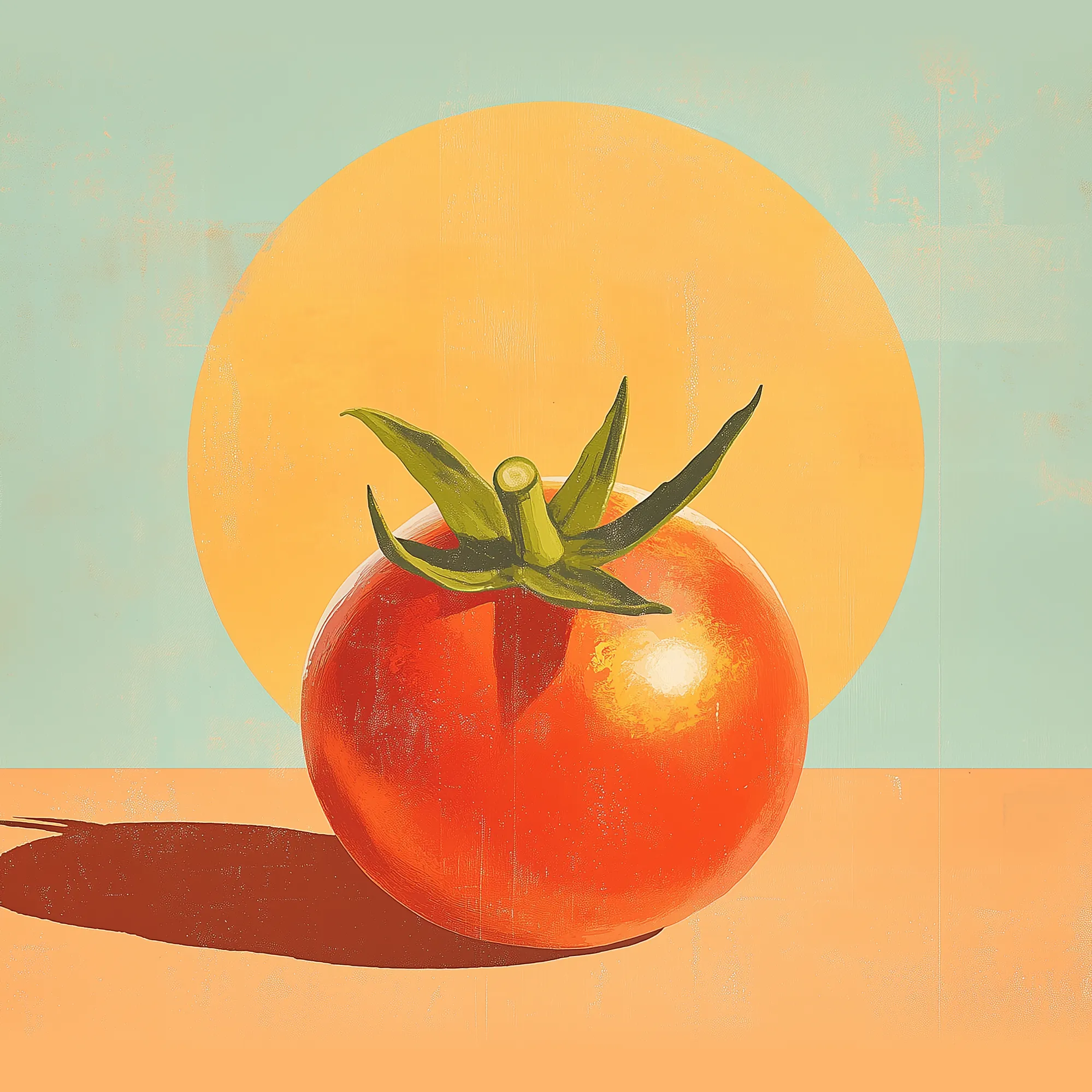 A vibrant retro-style illustration of a large, ripe tomato with a green stem, set against a warm background with a circular glow, highlighting the tomato's rich color and texture.