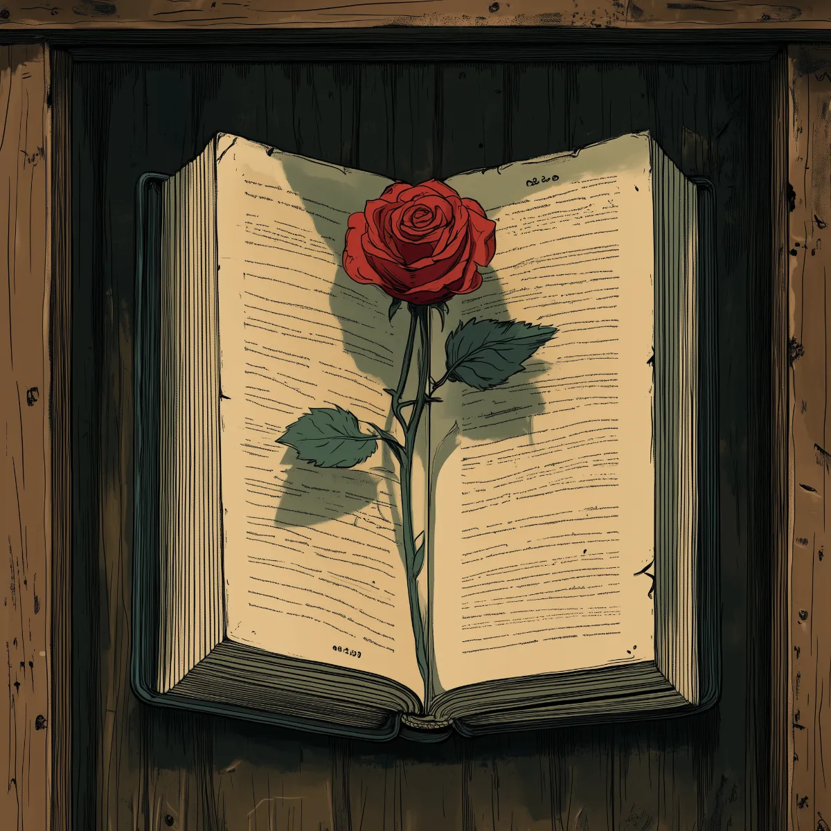 A retro illustration of an open book with a single red rose resting on its pages, placed on a wooden surface, casting a gentle shadow that adds to the nostalgic feel of the scene.
