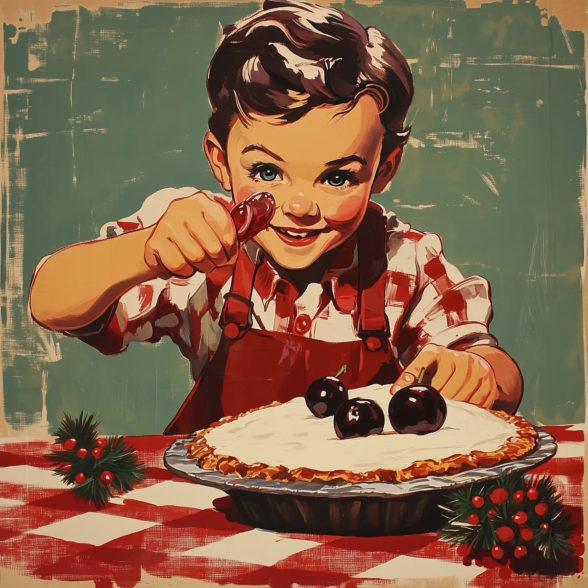 A retro illustration of a young boy, reminiscent of Little Jack Horner, sitting at a table with a cherry pie, excitedly holding up a spoon, with festive holly accents in the foreground.