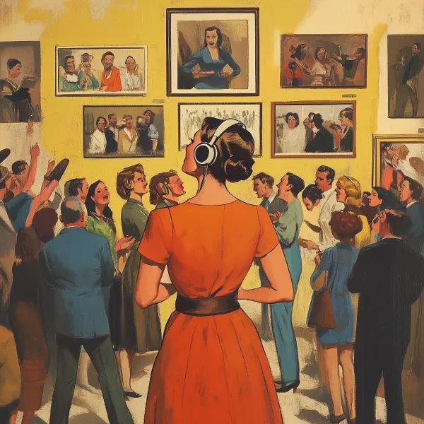 An illustration in retro mid-century modern style depicting a woman in an orange dress, wearing headphones, standing in an art gallery filled with people. She faces a wall with framed paintings, appearing to be deeply engaged in an audio guide while the crowd around her observes the artwork.