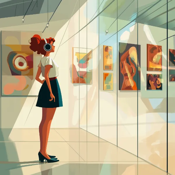 A retro-style illustration of a woman with red hair, wearing headphones and standing in a brightly lit modern art gallery. She gazes at abstract paintings displayed behind glass, with light streaming into the space, creating a serene atmosphere.