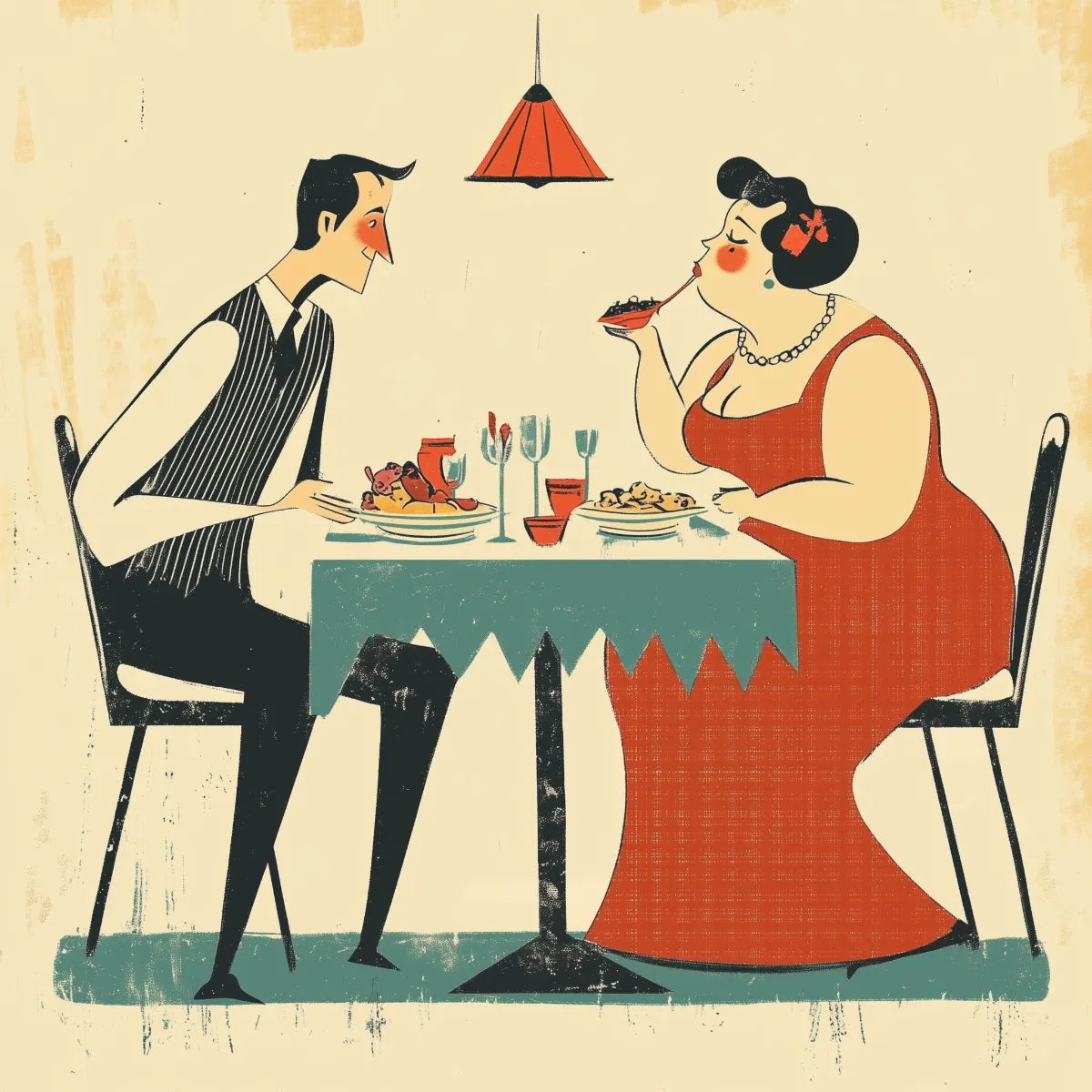 A retro-style illustration of a slender man and a plump woman sitting at a dinner table, with contrasting body types. The woman in a red dress enjoys her meal while the man looks at her with interest, creating a whimsical dining scene.
