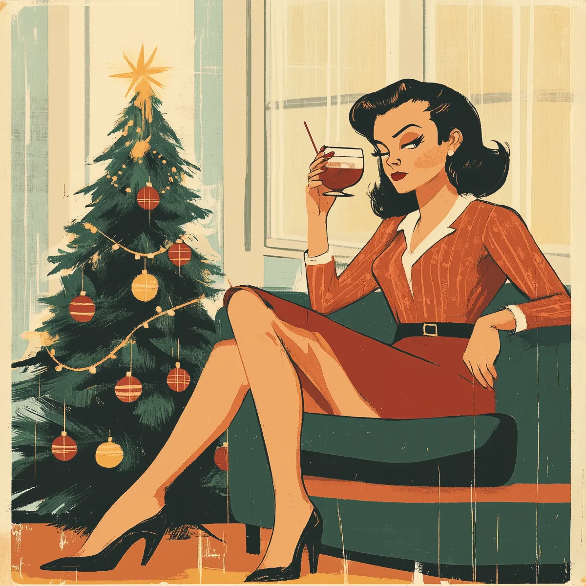 A retro-style illustration of a sophisticated woman sitting in a chair, holding a drink, next to a decorated Christmas tree. The woman wears a red dress and has an elegant pose, capturing a vintage holiday atmosphere.