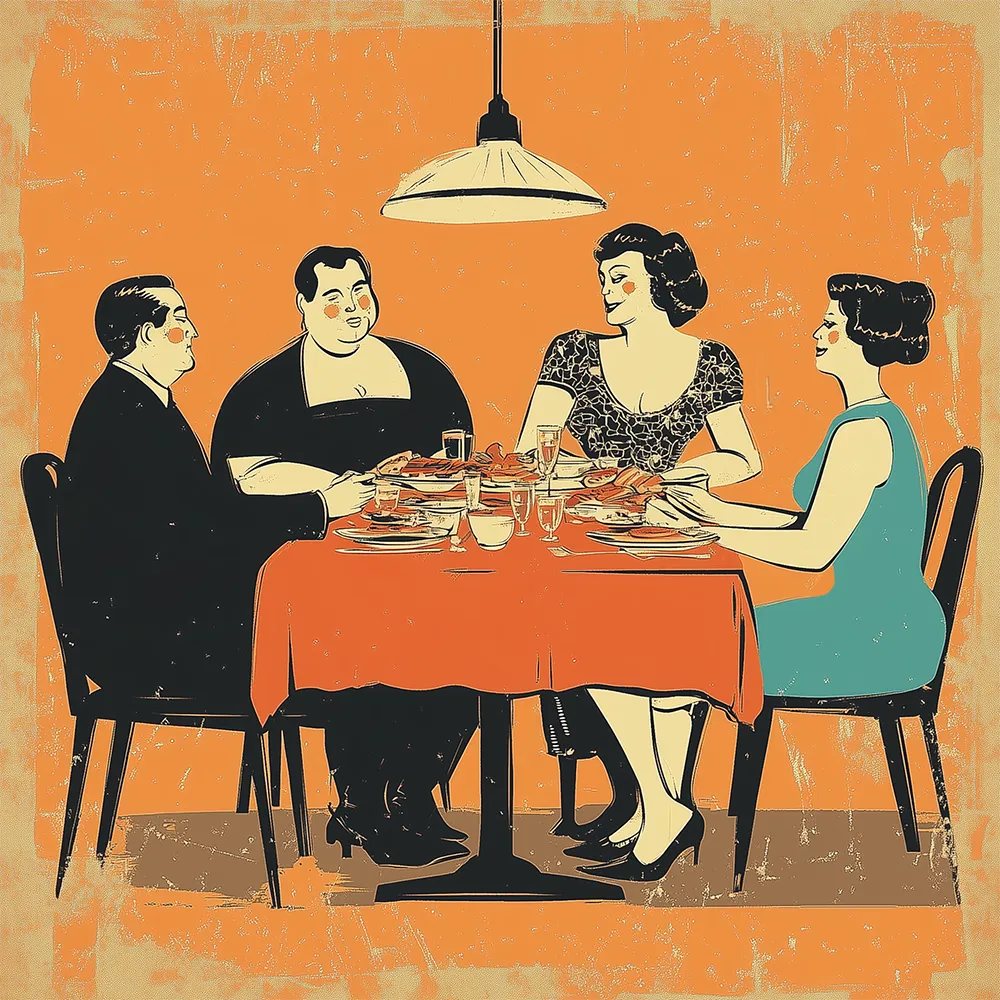A humorous retro-style illustration of four joyful, plump men in suits, enthusiastically eating from a large spread of food on a dinner table, showcasing a lively and cheerful dining scene.