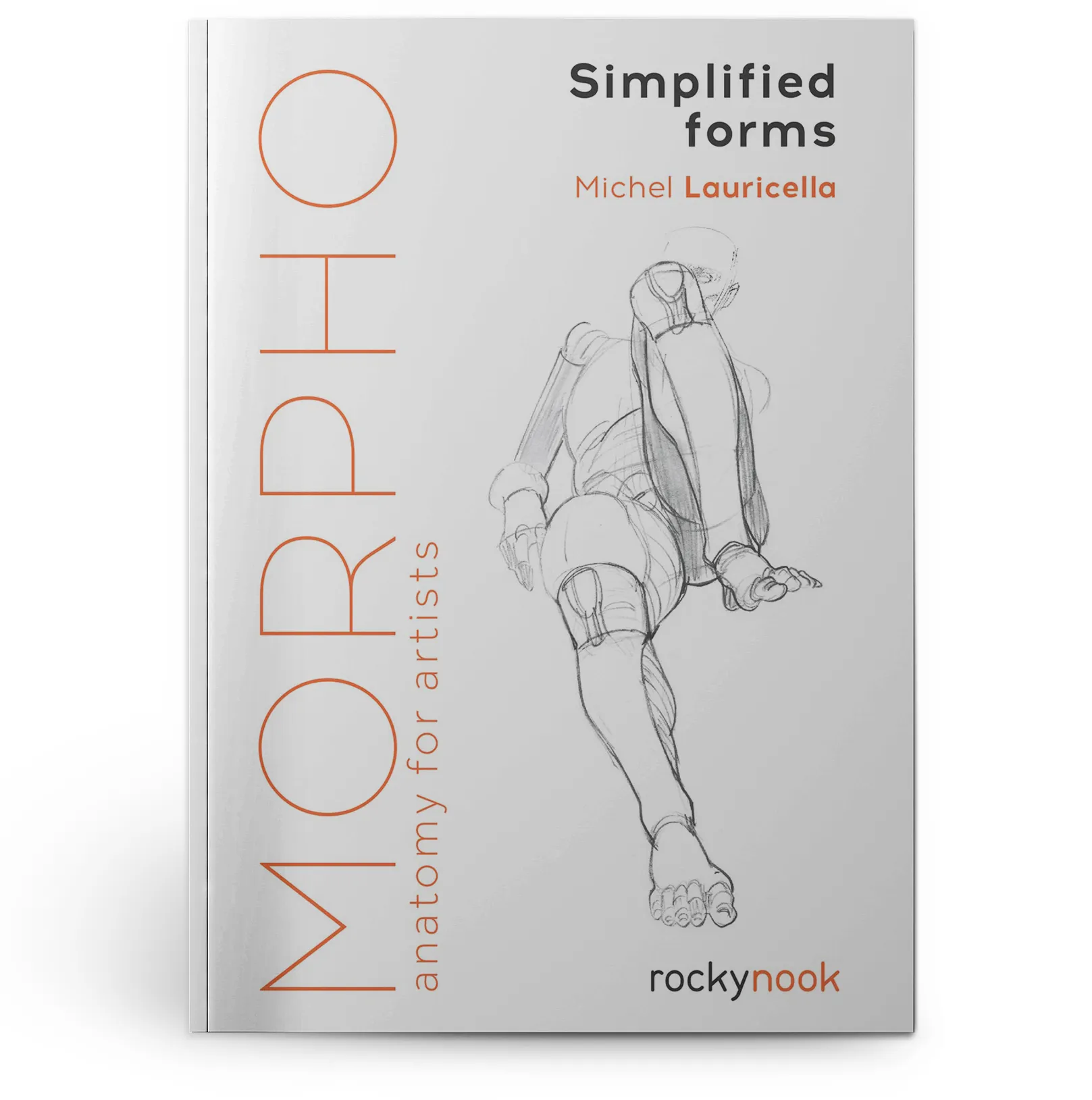Book cover for Morpho: Simplified Forms by Michel Lauricella. The cover is minimalist with a white background and features a pencil sketch of a simplified human figure in motion. The title is displayed in orange and black text along the left side.