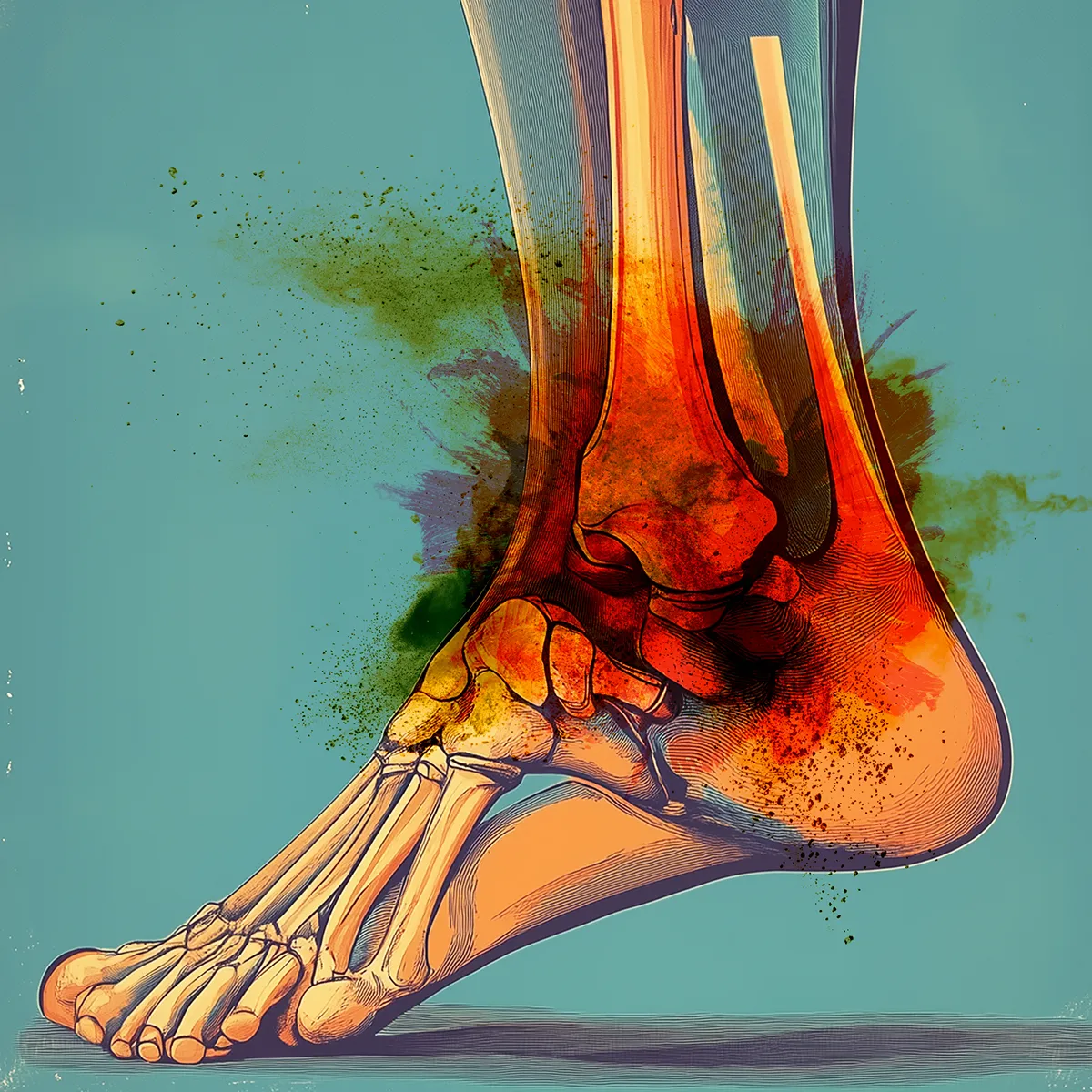 Anatomical illustration of a human foot and ankle, showing the skeletal structure in shades of orange and red. The background is teal, with abstract splashes of color around the ankle.