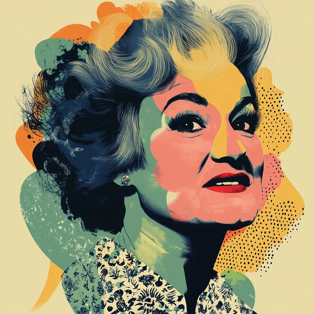 Stylized digital portrait of a woman with short, wavy gray hair, depicted in a retro, multi-colored collage style. The background includes abstract shapes in green, orange, and black.