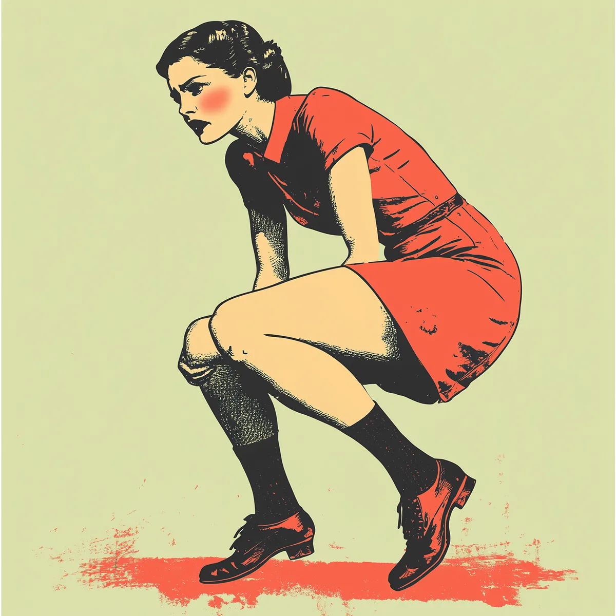 Vintage-style illustration of a woman in a red dress and black shoes crouching, with a determined expression. The background is muted green with a retro halftone effect.