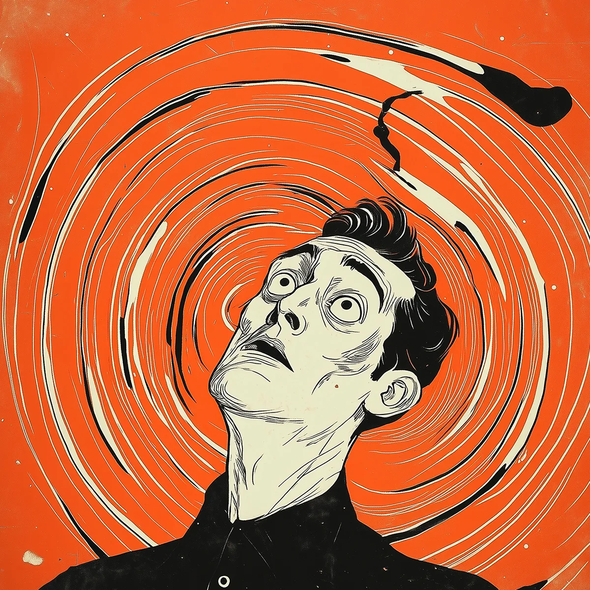 Stylized illustration of a man with wide eyes and an expression of fear or dizziness, set against a swirling orange and black vortex background.