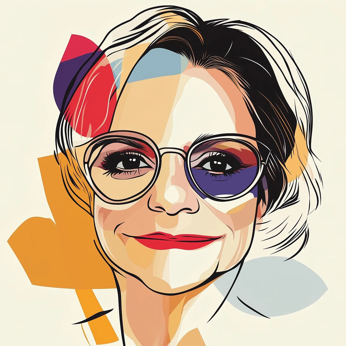 Colorful abstract portrait of a smiling woman with glasses, created with geometric shapes and overlapping colors in shades of yellow, blue, red, and white.