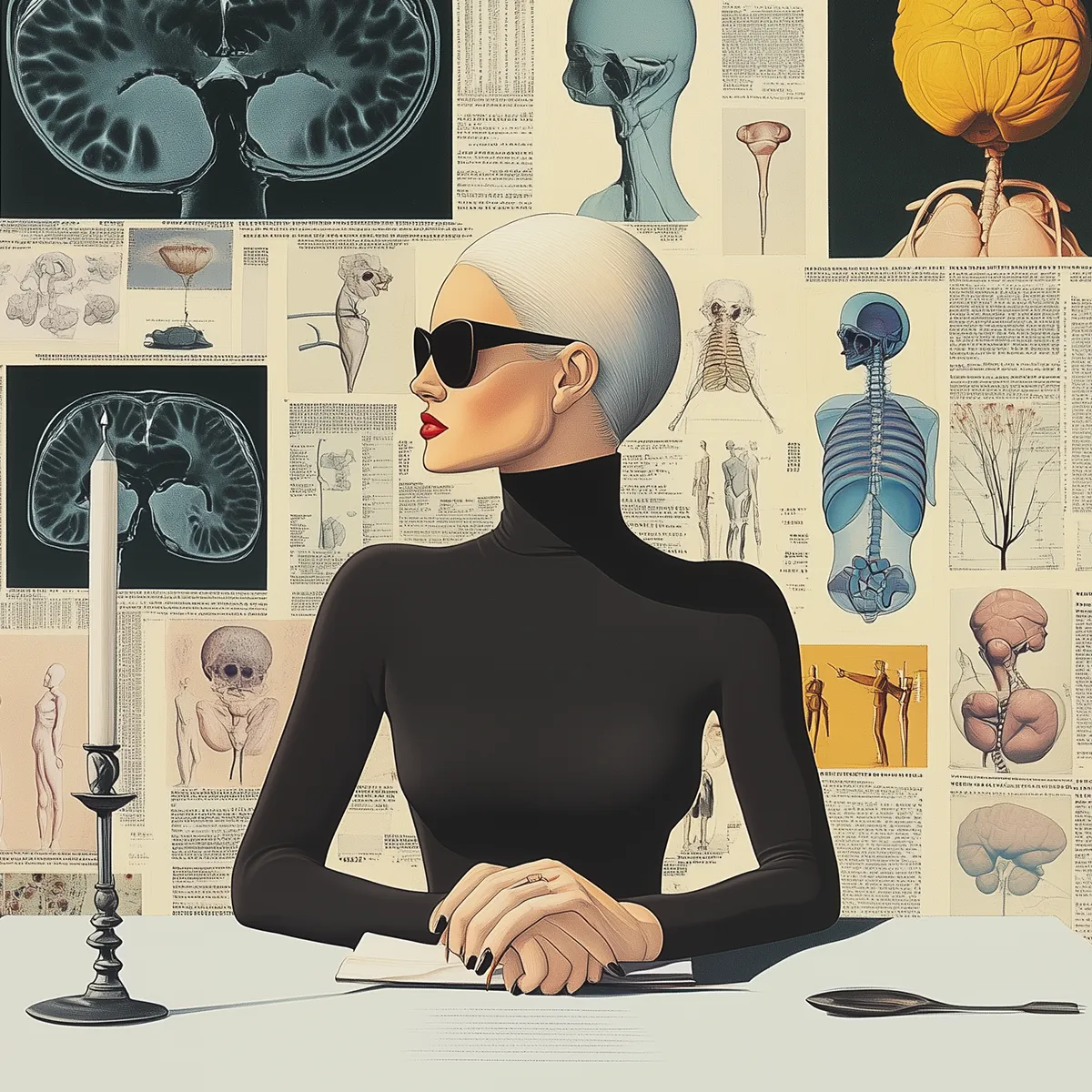 Stylized illustration of a person with short hair and sunglasses sitting indoors, looking out a window at a house in a golden field under a starry sky.