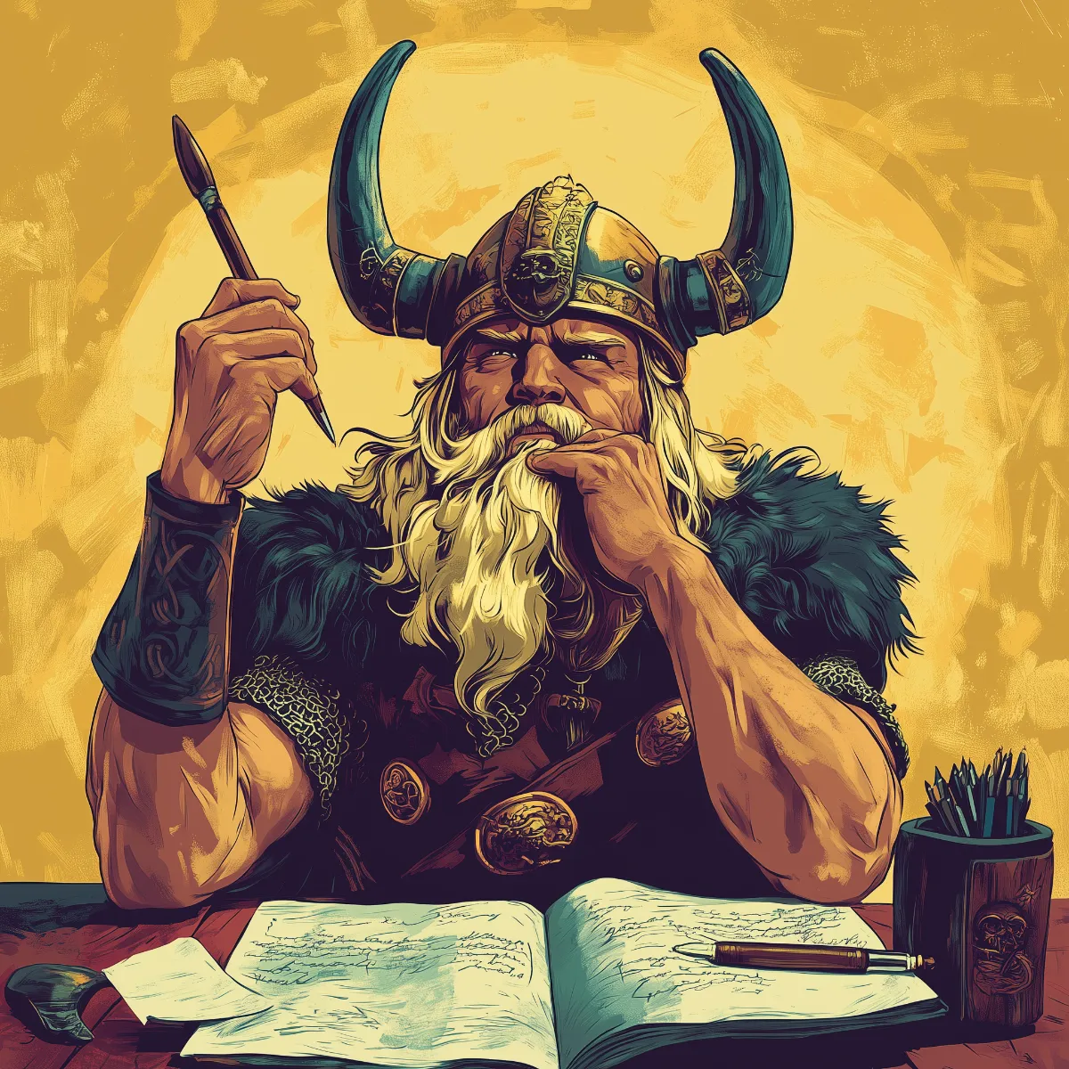 Illustration of a Viking warrior with a horned helmet and fur-lined armor sitting at a desk, holding a pen and thinking over an open notebook, set against a warm yellow background.