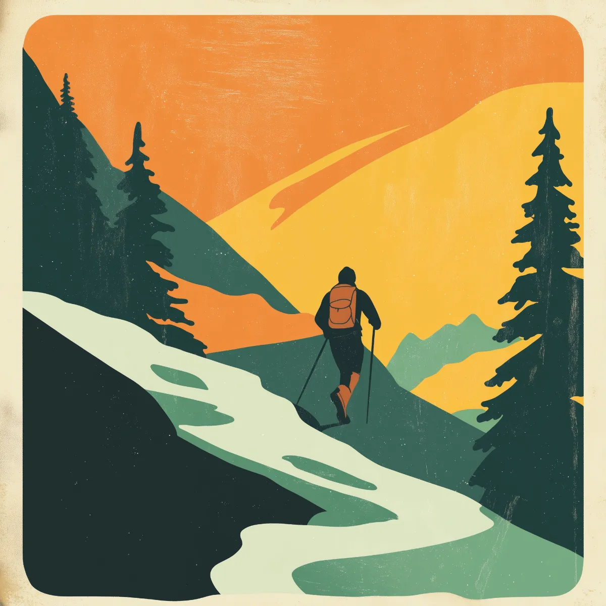 Stylized retro illustration of a person hiking uphill through a snowy path between pine trees, with an orange and yellow sky illuminating distant mountains.