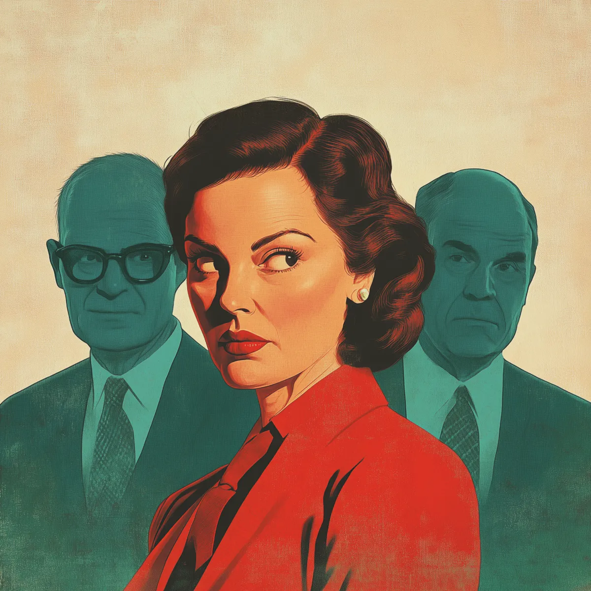 Vintage-style portrait of a woman in red looking suspiciously over her shoulder, flanked by two stern older men in suits, with a faded beige and teal color scheme.