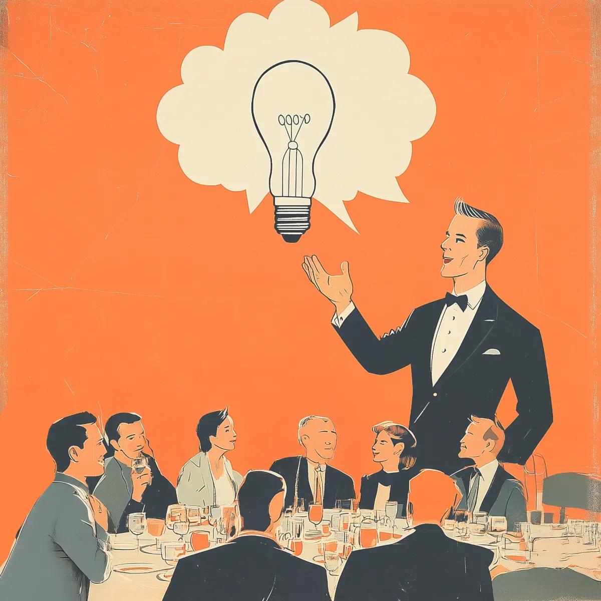 Stylized artwork of a man in a tuxedo speaking at a roundtable dinner, gesturing toward a large lightbulb inside a thought bubble, representing the sharing of ideas or topics of conversation.