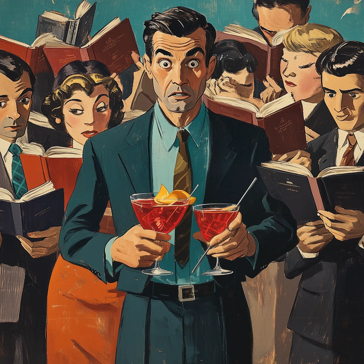 A startled man in a suit holding two red cocktails stands among a group of people intensely reading menus, with a confused and humorous expression suggesting a break in social interaction.