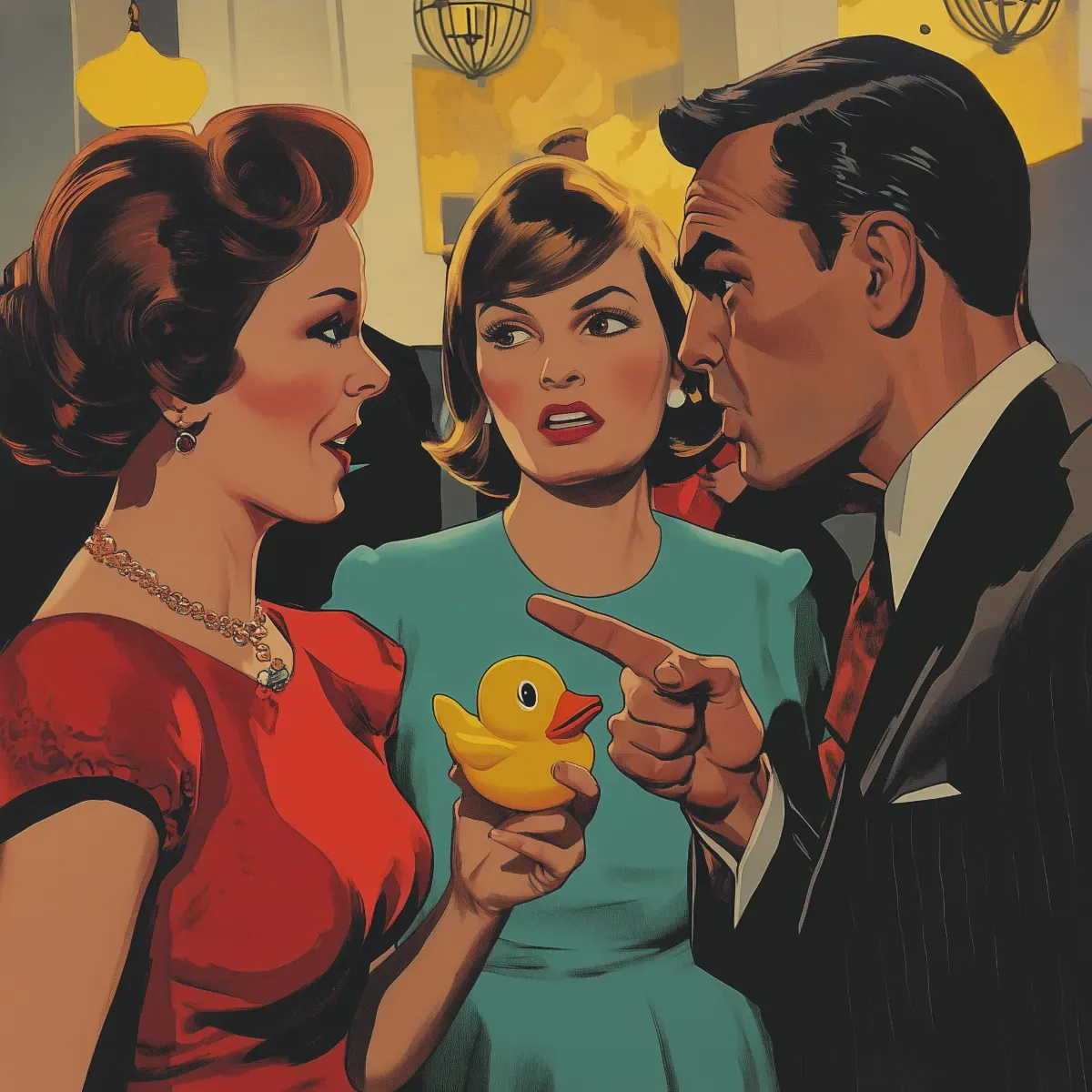 Dramatic illustration of a man pointing a finger at a woman holding a rubber duck, with another woman looking on in shock, set in a crowded formal gathering.