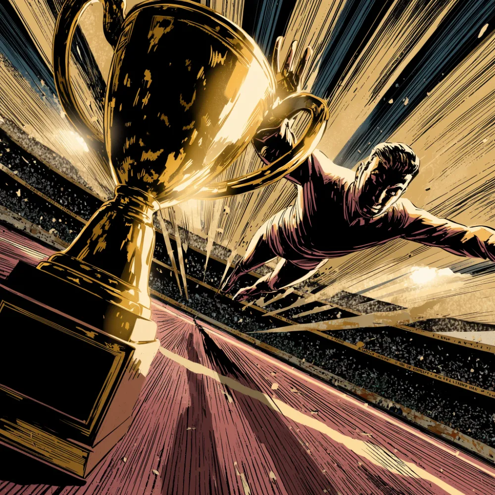Dynamic comic-style illustration of a man diving toward a large golden trophy on a track in a stadium, with dramatic speed lines and a cheering crowd in the background.