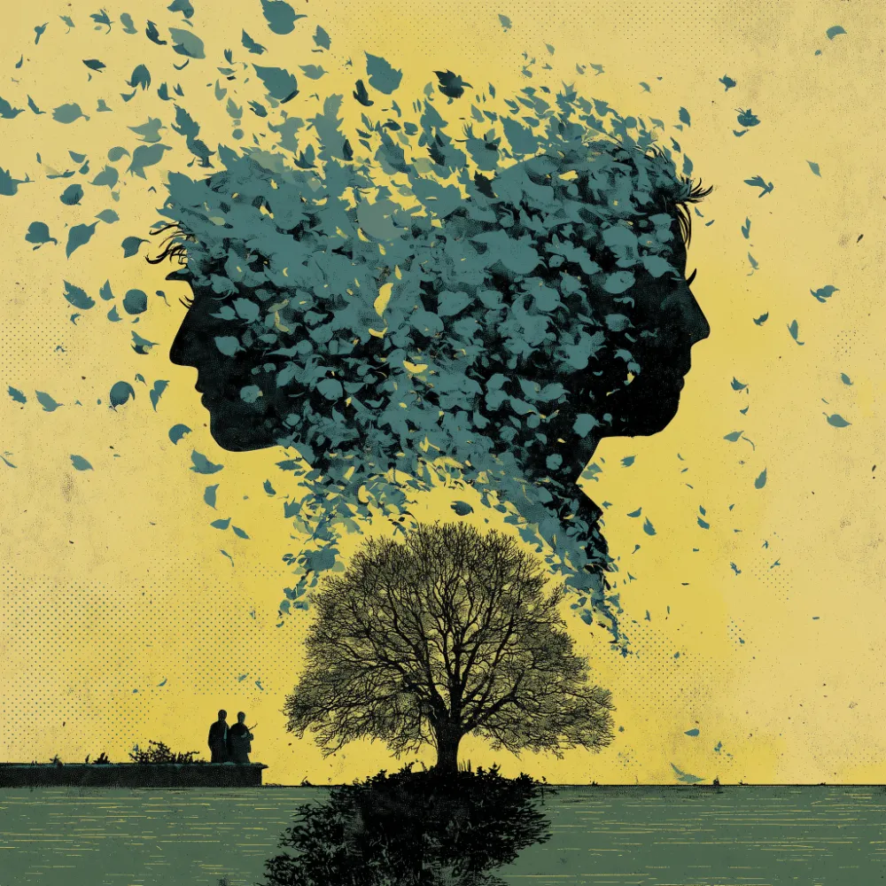 Poetic illustration of two silhouetted human profiles formed from a flurry of blue-green leaves blowing apart in opposite directions, with a bare tree and small figures beneath on a yellow background.