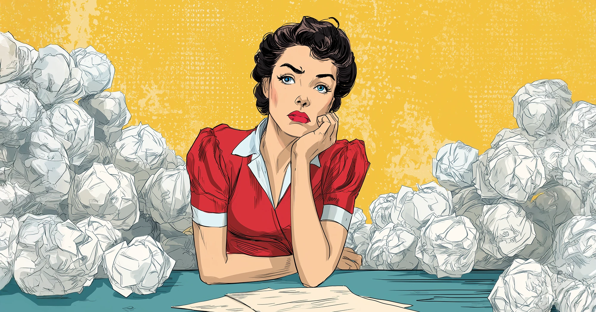 Pop art–style illustration of a woman in a red dress with a white collar sitting at a table, resting her chin on her hand with a frustrated expression. She is surrounded by piles of crumpled paper, suggesting writer’s block or creative frustration, with a textured yellow background behind her.