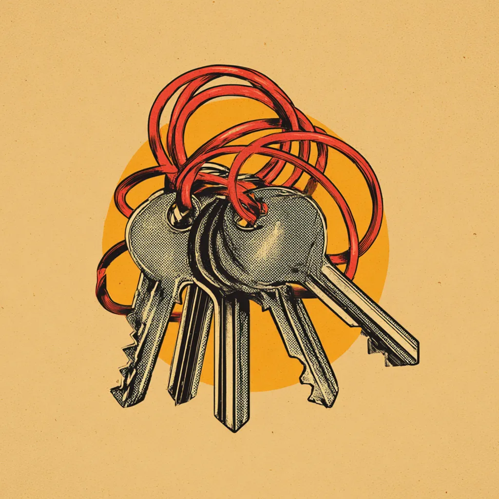 A bunch of keys inexplicably tied up with a grimy rubber band