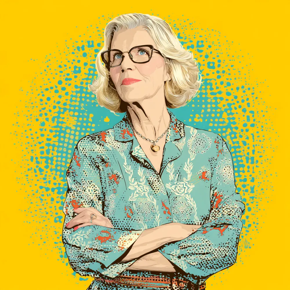 Colorful illustration of an older woman with short blonde hair and glasses, wearing a patterned blouse and a pendant necklace, standing with arms crossed against a yellow and teal halftone background.