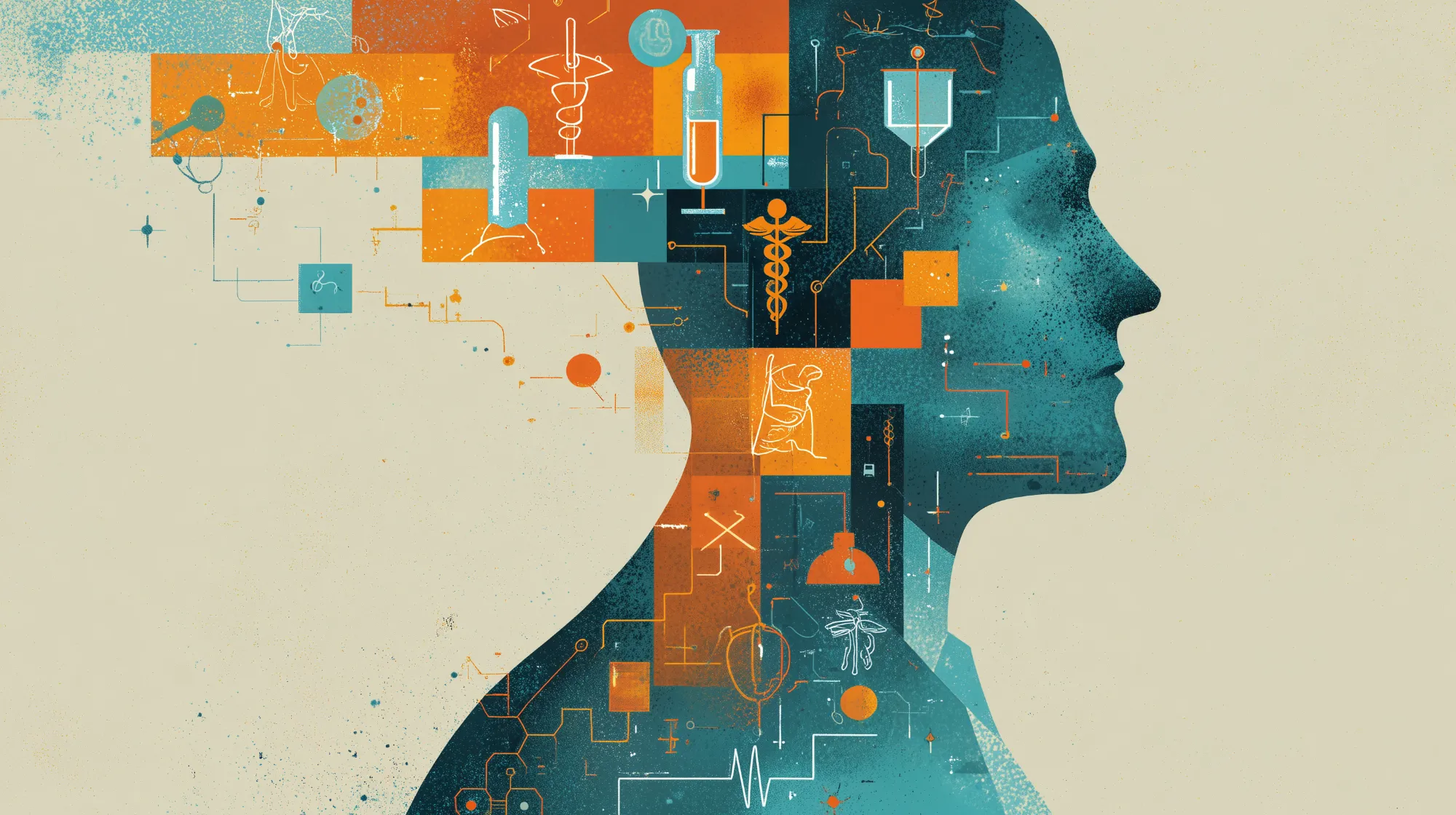 Conceptual illustration of a human profile filled with interconnected geometric shapes, medical symbols, and circuitry lines in teal, orange, and beige tones, representing the relationship between science, medicine, and human thought.