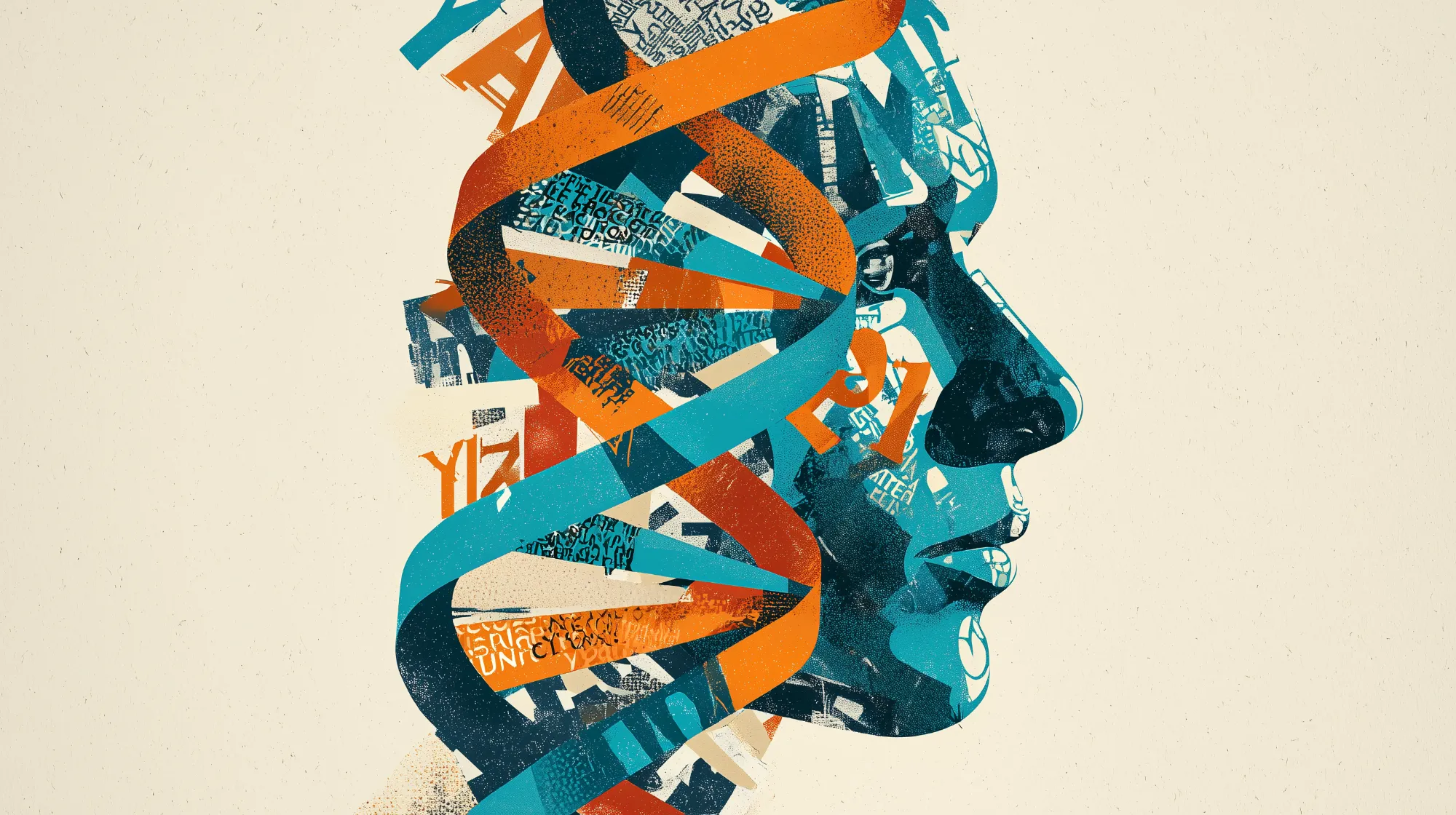 Abstract illustration of a human head formed by overlapping blue and orange DNA strands twisting around the face, symbolizing the intersection of identity, language, and genetic structure.