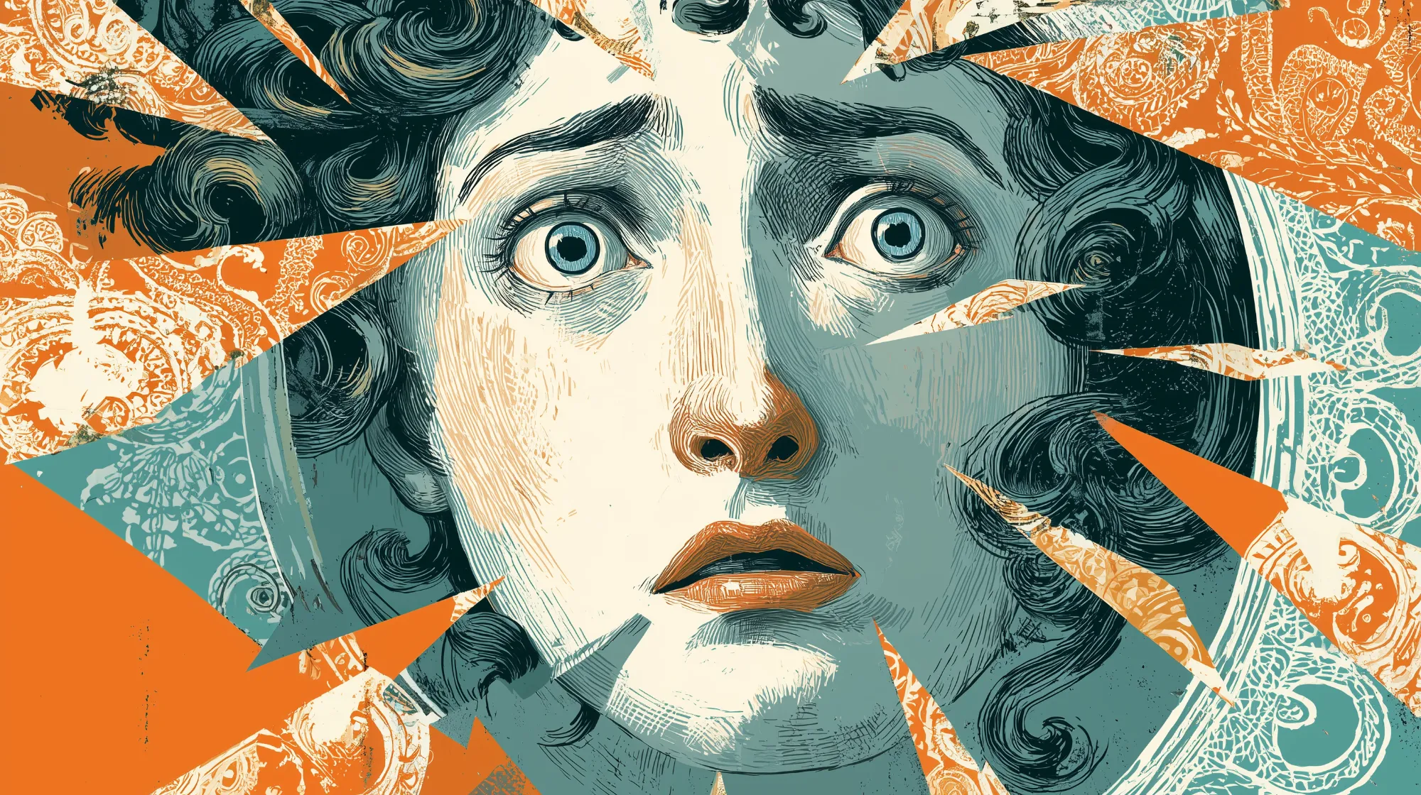 Dramatic illustration of a distressed woman’s face with wide, fearful eyes, surrounded by fragmented shards in teal, orange, and cream tones, evoking themes of emotion, anxiety, and psychological turmoil.