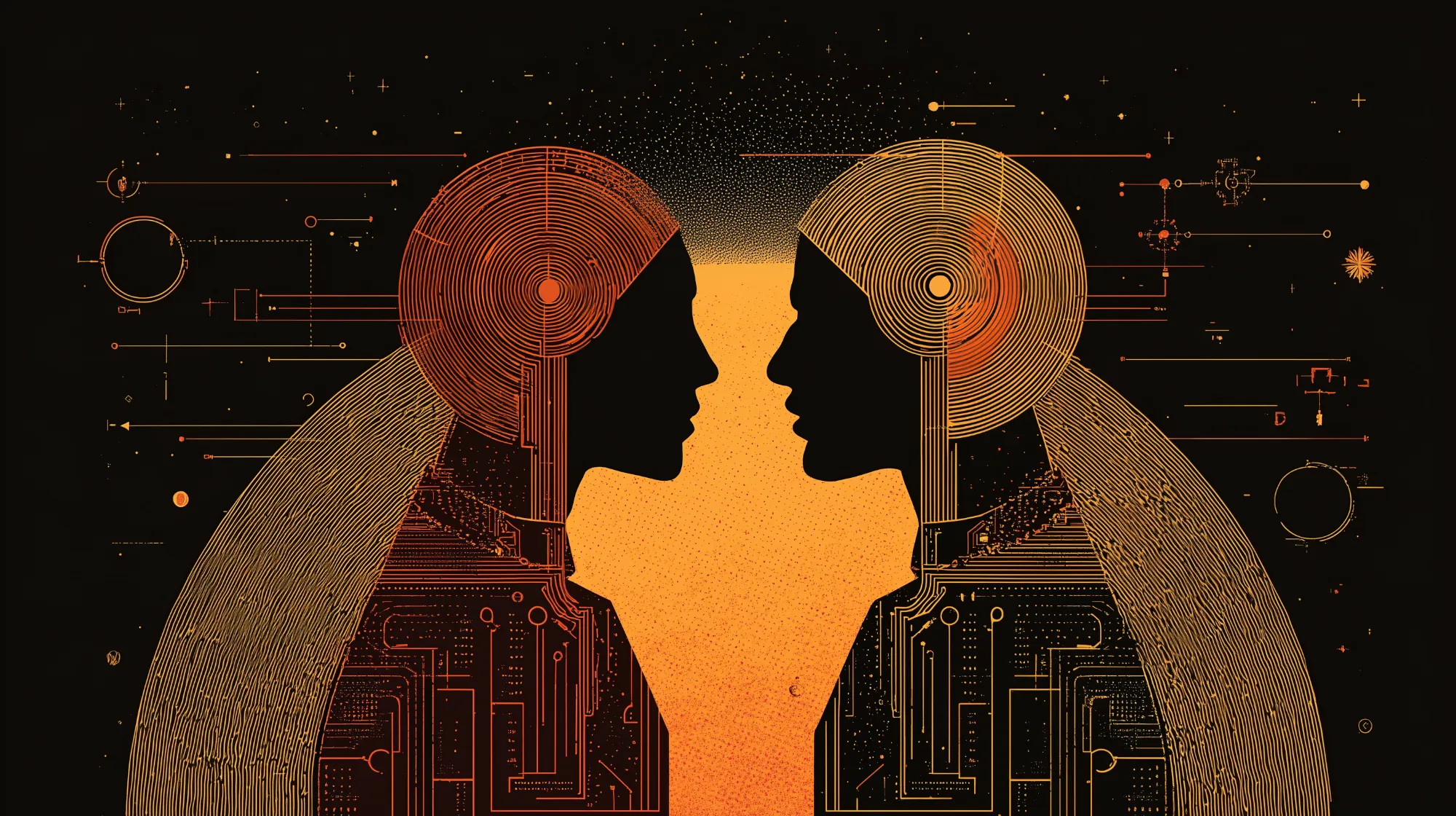 Stylized depiction of two silhouetted human figures facing each other against a glowing orange background, their heads and torsos made of intricate circuit patterns and concentric lines, representing communication, technology, and connection.