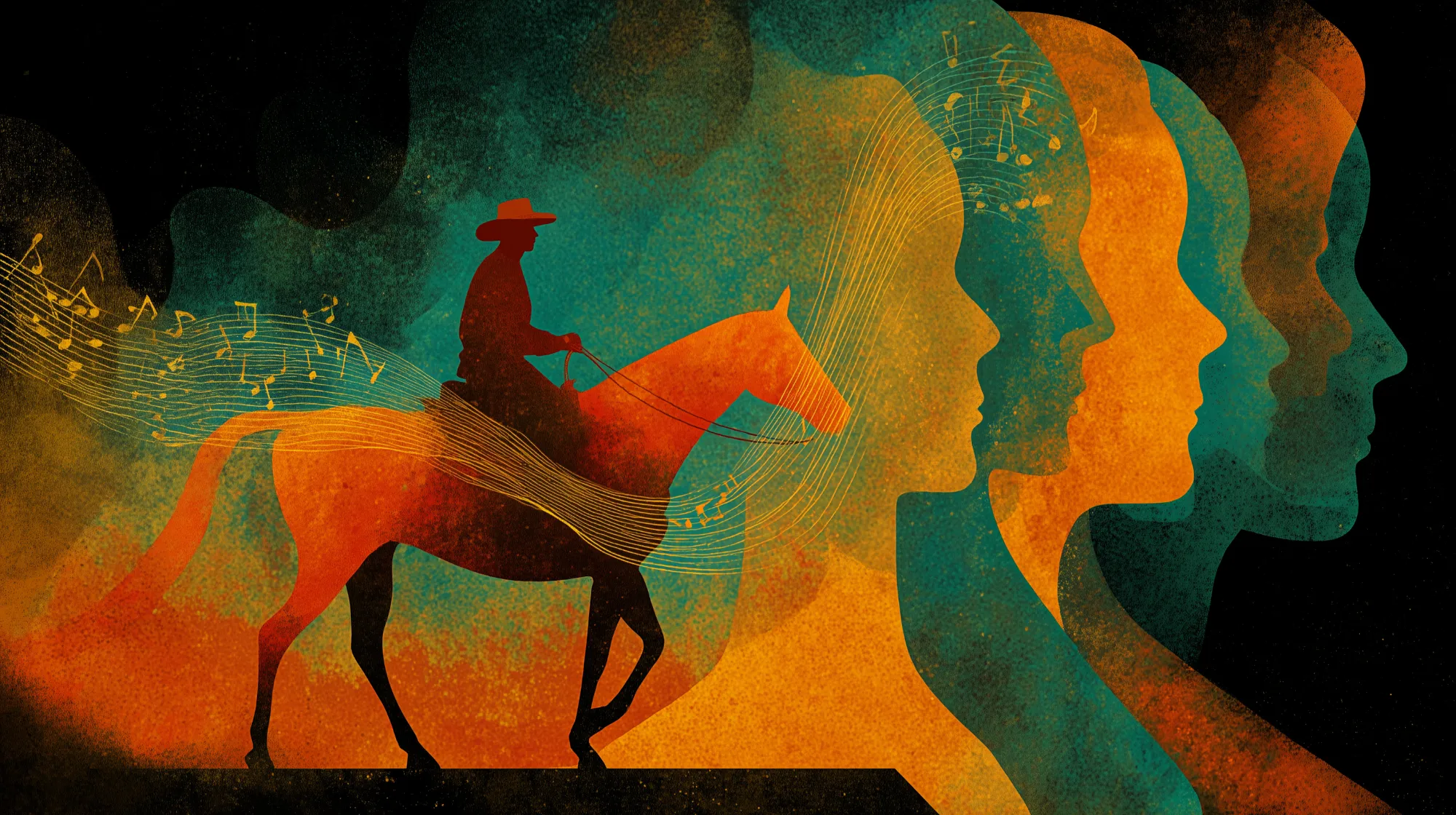 Abstract western-themed illustration of a cowboy riding a horse across a warm orange and teal landscape. Flowing musical notes trail behind him, forming the profiles of human faces, symbolizing memory, melody, and nostalgia.
