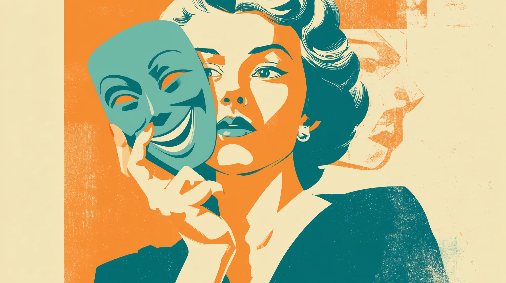 Stylized mid-century modern illustration of a woman holding a teal comedy mask in front of her face, revealing her serious expression behind it. The artwork uses bold orange, teal, and cream tones to contrast outward emotion with inner restraint.