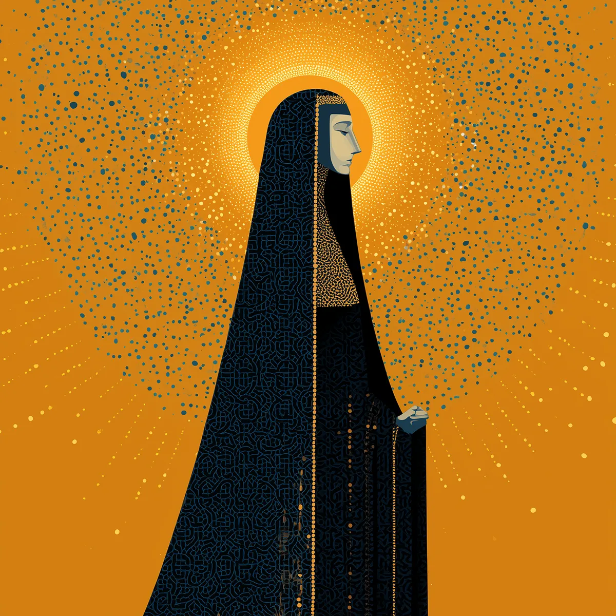 Illustration of a woman in profile wearing a dark patterned veil, surrounded by a radiant golden halo and dotted light against a warm yellow background.