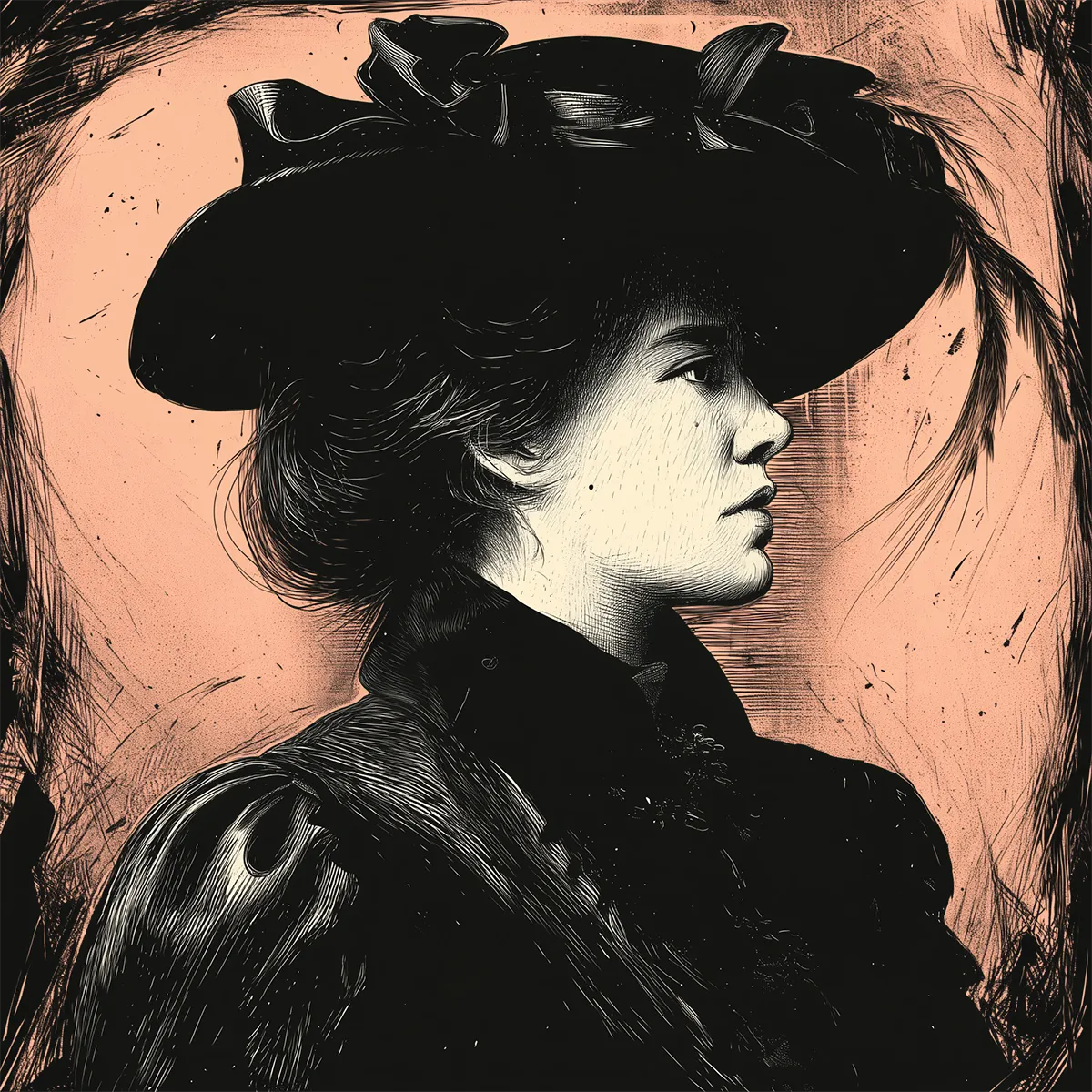 Black-and-white portrait illustration of a woman in profile wearing a wide-brimmed hat with ribbon detail, rendered in an etched, vintage style against a muted peach background.