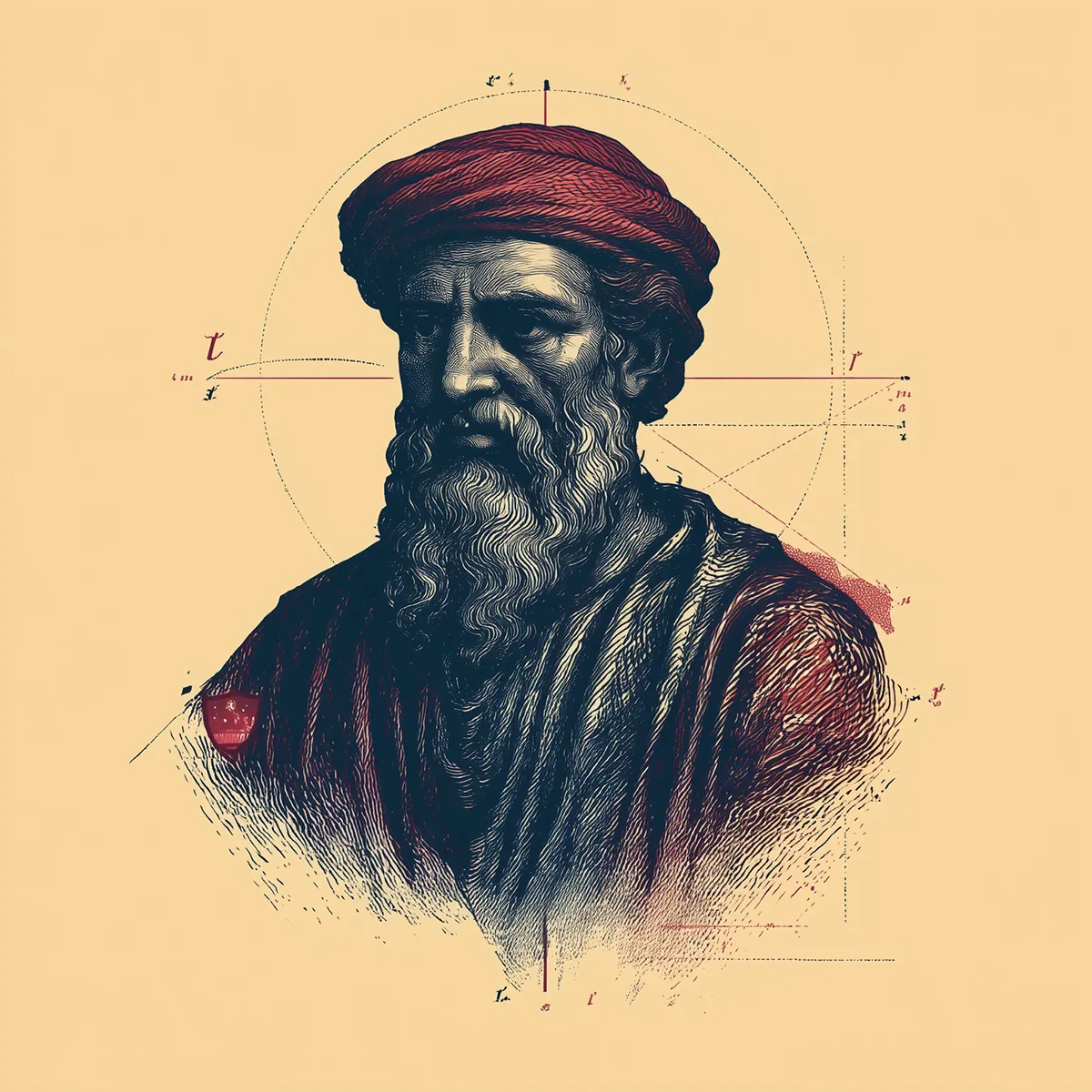 Engraved-style illustration of Pythagoras wearing a red head covering, shown in profile with geometric lines and mathematical diagram markings surrounding him on a beige background.