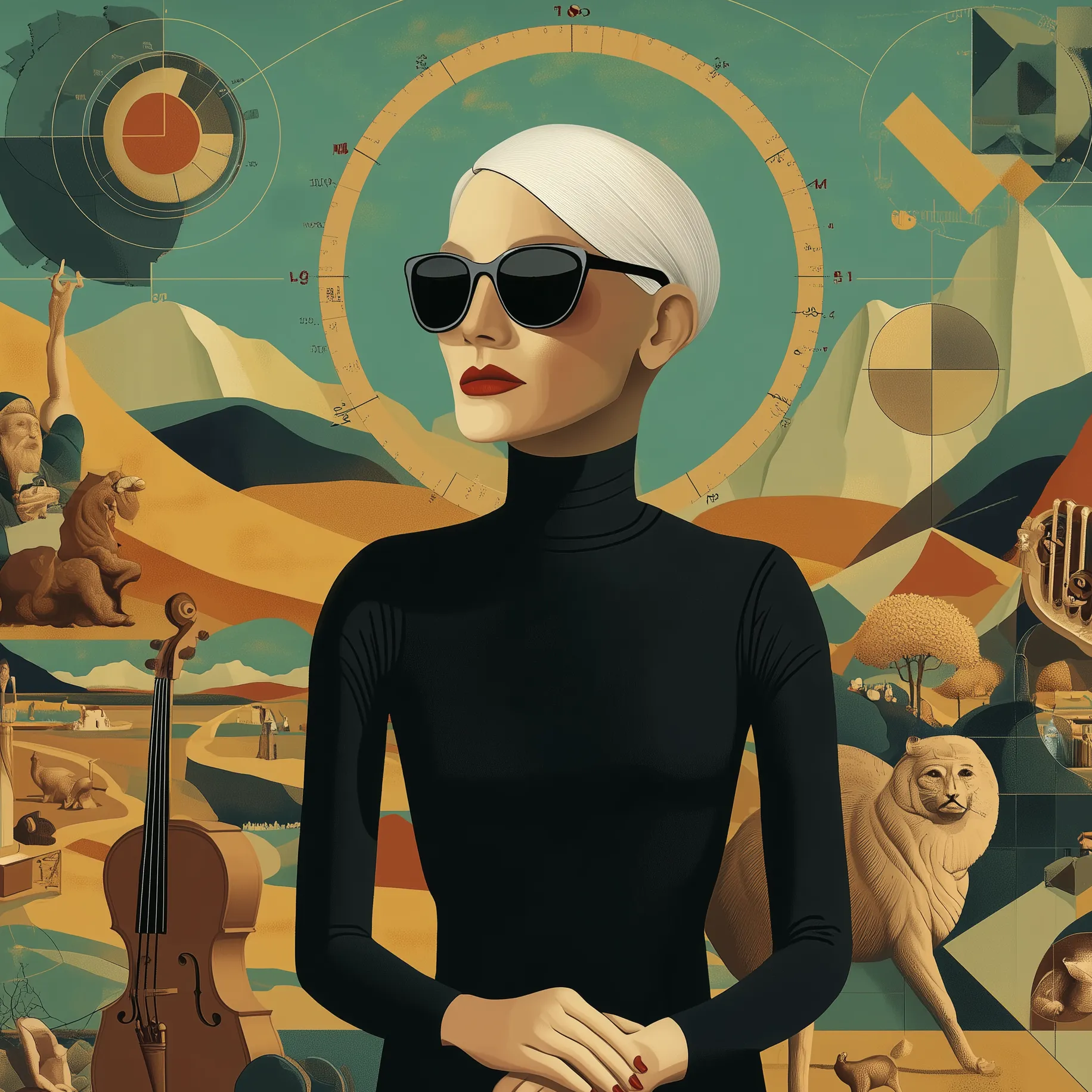 Stylized mid-century modern illustration of a platinum-haired woman with a short buzz cut, wearing a black turtleneck and dark sunglasses, seated at a desk against an orange and teal background. Behind her is an oversized cowboy boot with a visible spur, a vintage rotary telephone, and several hanging bells, all arranged in a retro composition with circular halftone patterns.