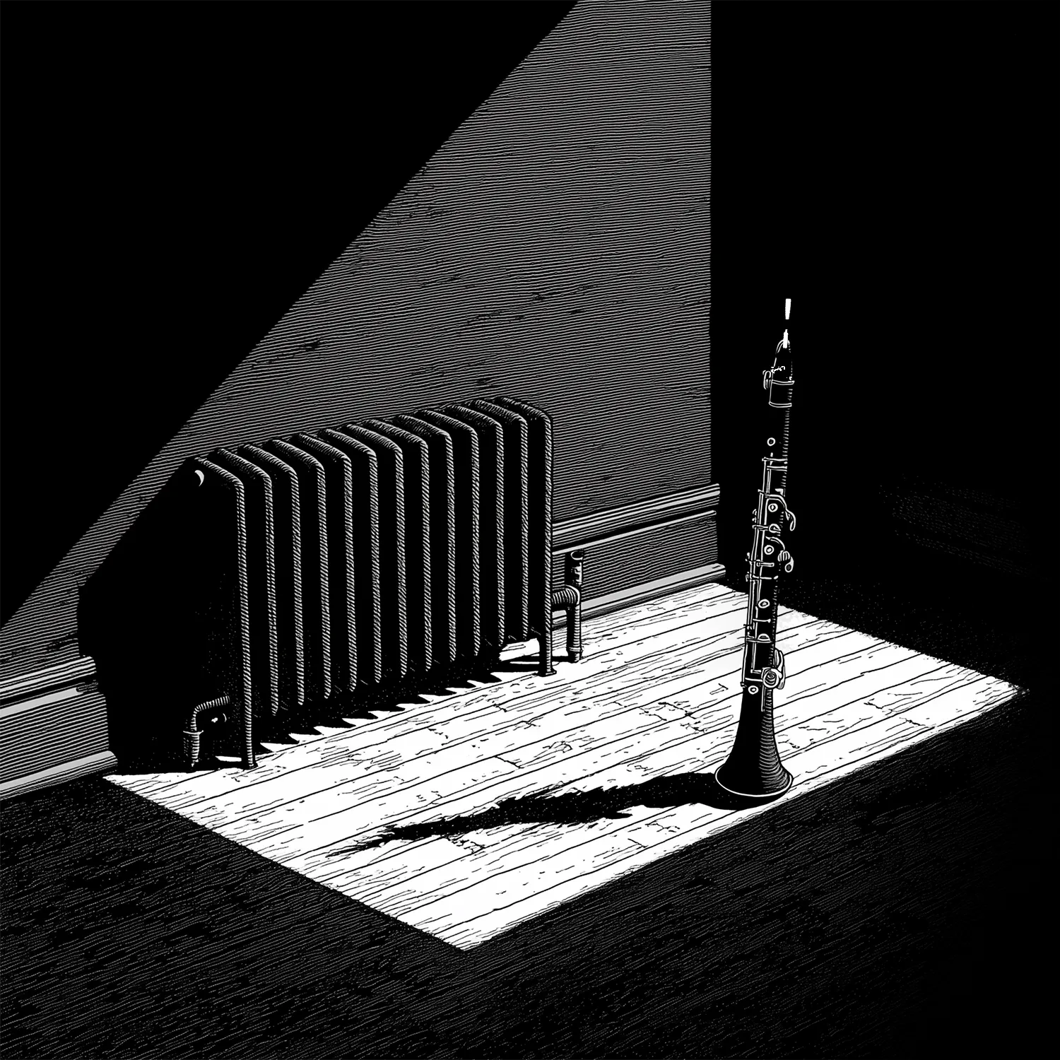Black-and-white illustration of a clarinet standing upright on a wooden floor beside a cast-iron radiator, illuminated by a sharp beam of light that casts long shadows across the room.