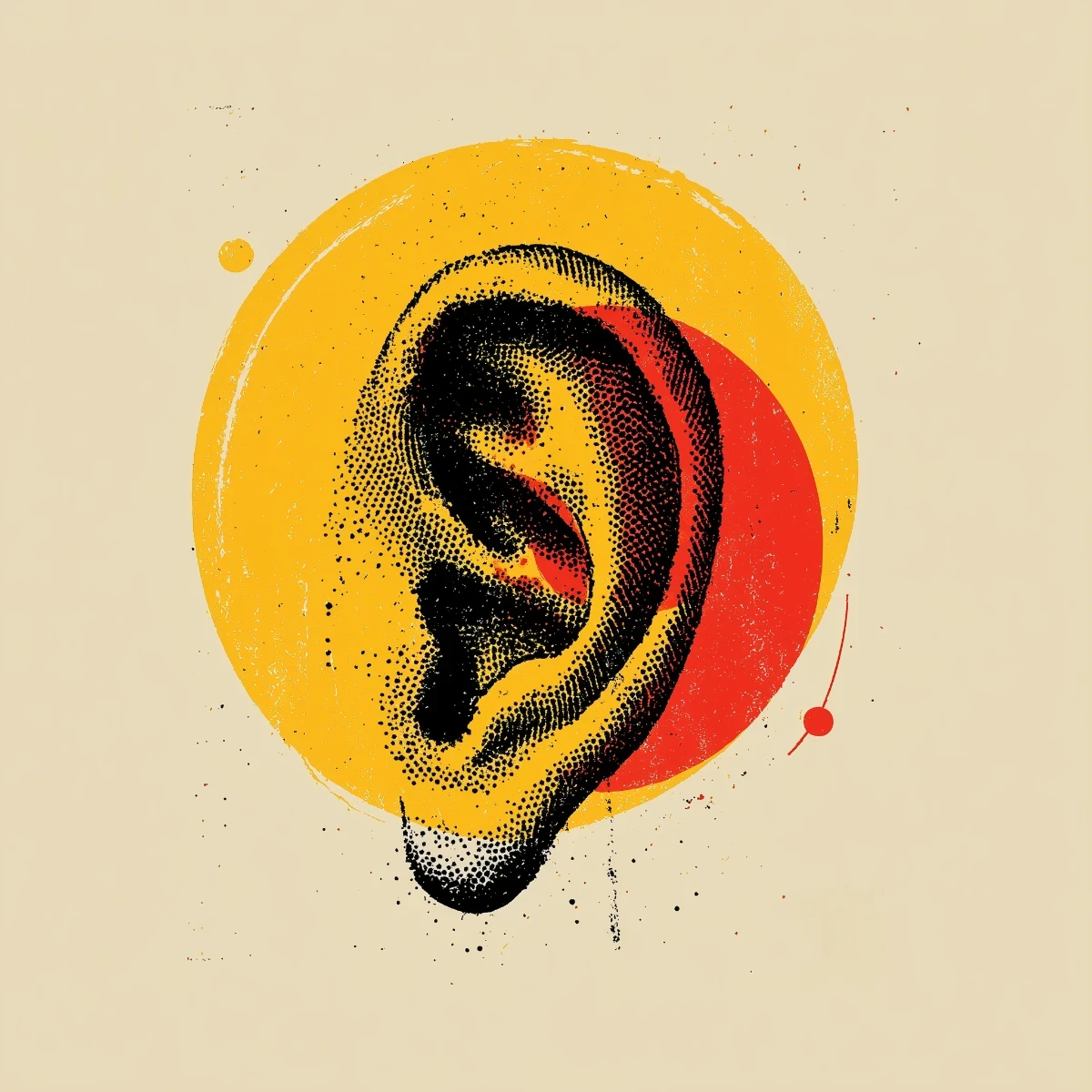 Stylized illustration of a human ear in black and red halftone shading, set against overlapping yellow and red circular shapes on a beige background.