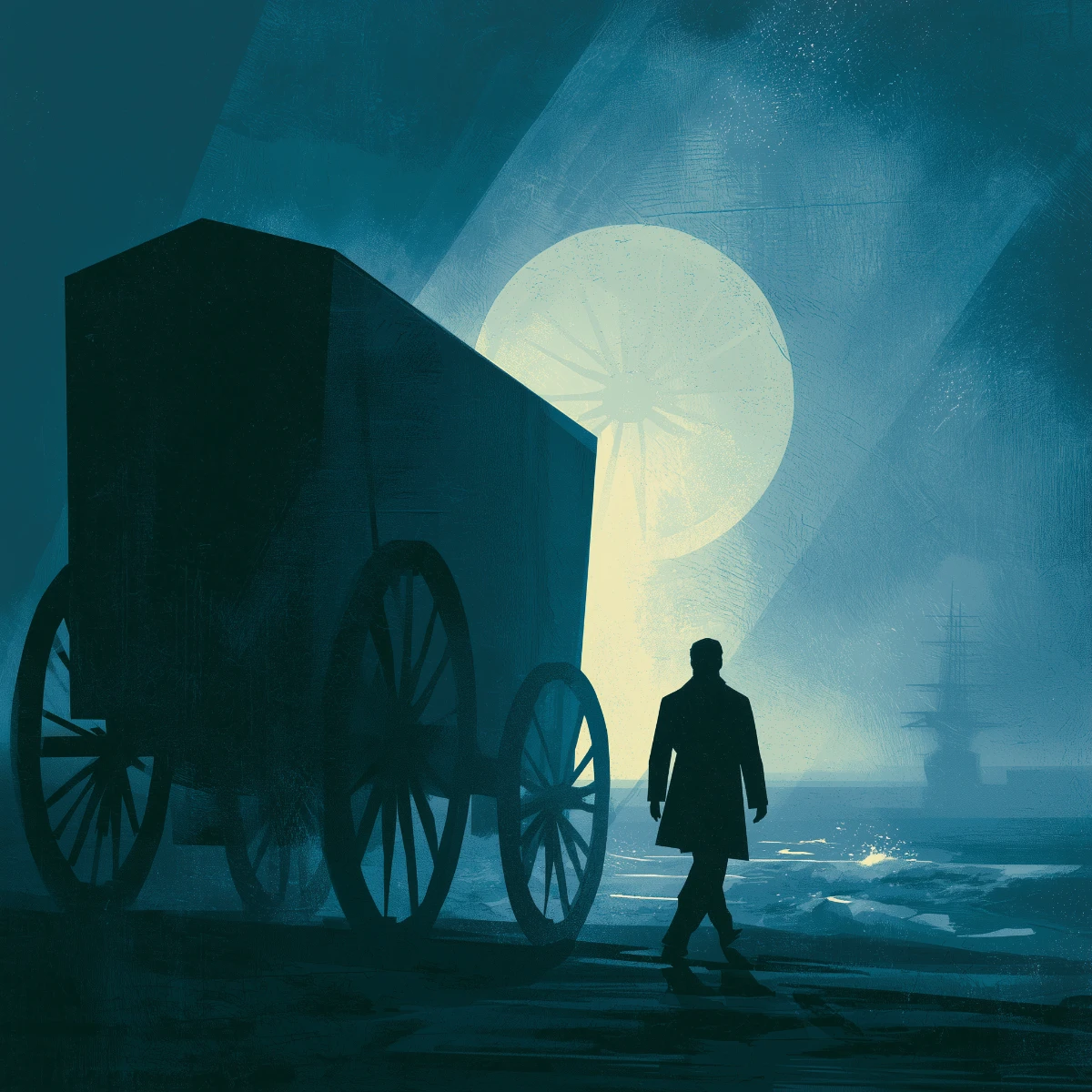 Stylized illustration of a man walking beside a large wheeled carriage on a shoreline beneath a glowing moon and distant sailing ship.