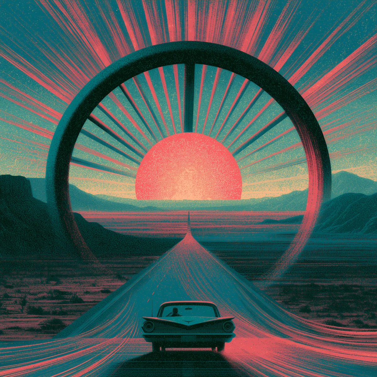 Retro illustration of a vintage car driving toward a radiant sunset framed by an enormous wheel.