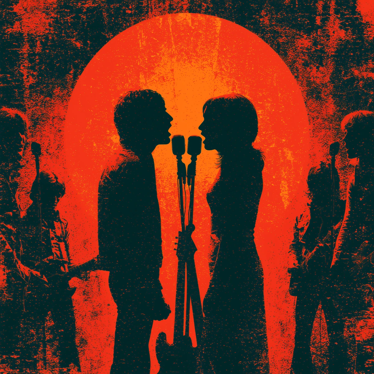 Retro concert illustration of two singers facing each other at microphones while other band members stand at the edges.
