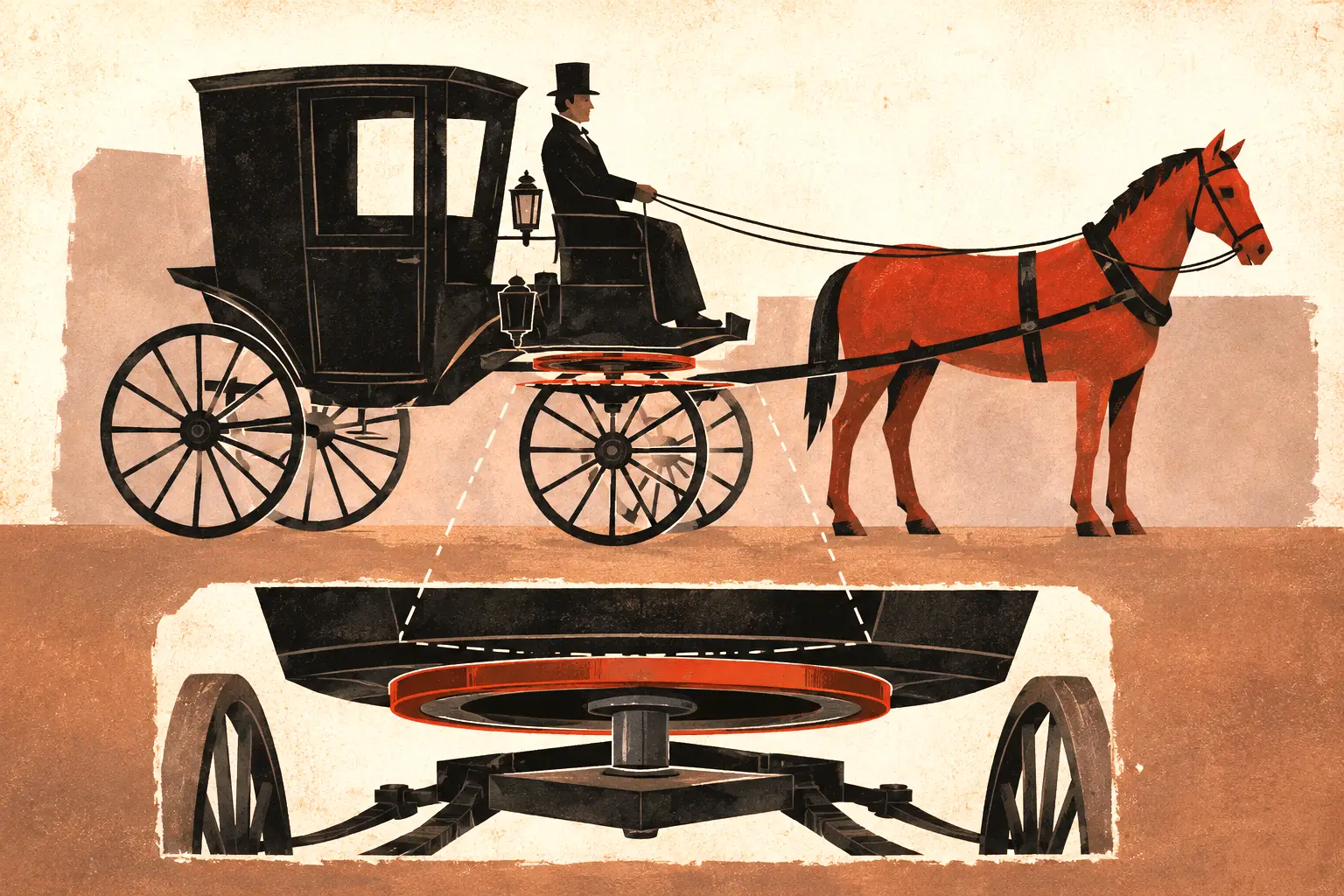 Educational illustration of a horse-drawn carriage with four visible wheels and a cutaway view of the horizontal fifth-wheel mechanism beneath the front axle.